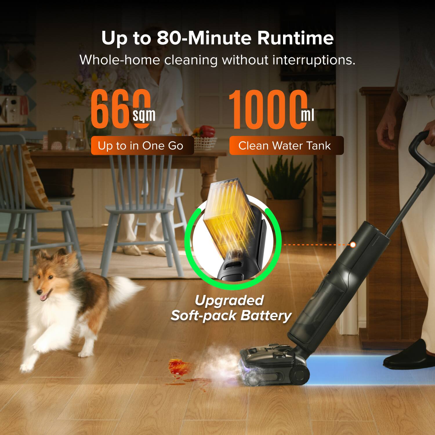 Up to 80-Minute Runtime Whole-home cleaning without interruptions. 66 sqm 1000 ml Up to in One Go Clean Water Tank Upgraded Soft-pack Battery
