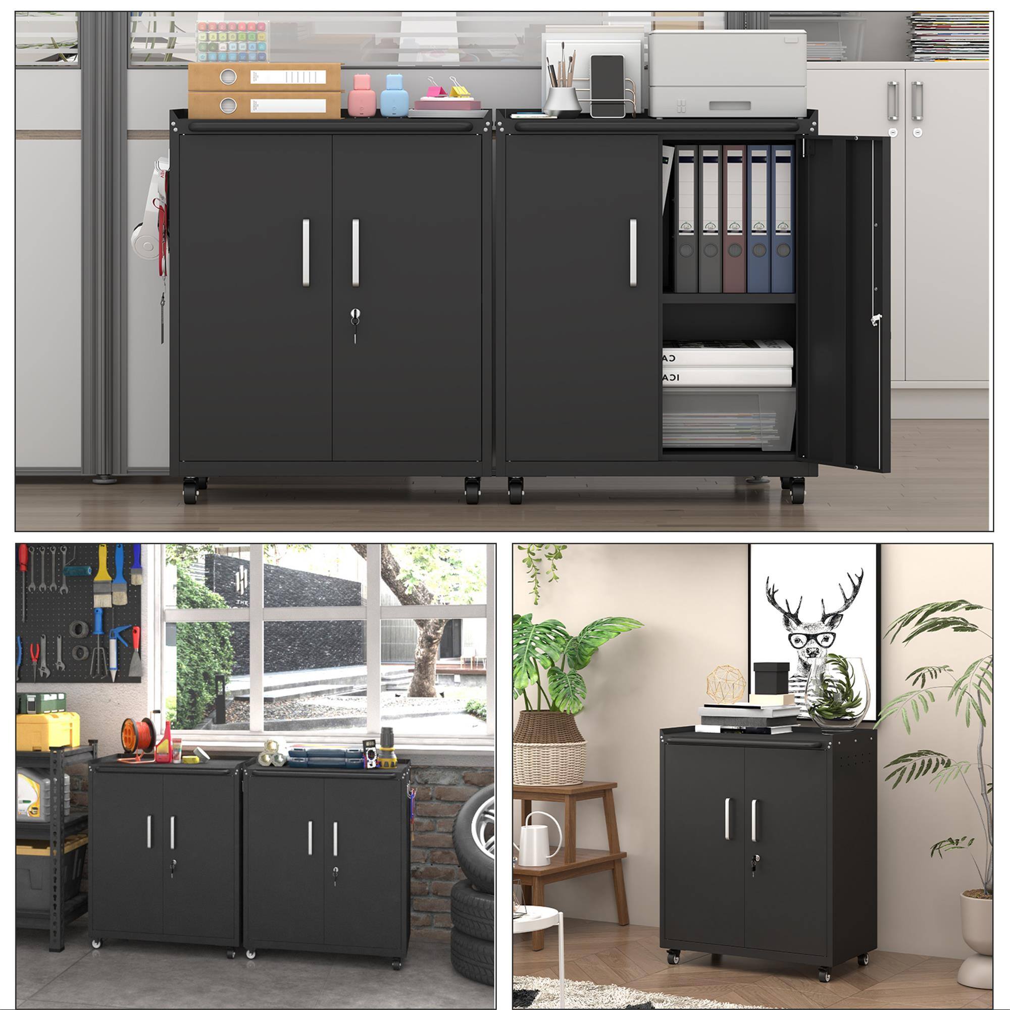 Alt View 2. Boyel Living - Heavy-Duty Rolling Metal Storage Cabinet With Lock & 2 Keys Industrial Mobile Steel Tool Locker - Black.