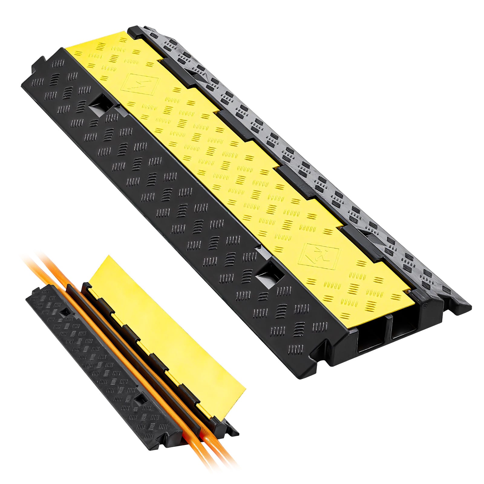 VEVOR - Cable Protector Ramp, 22,000 lbs/axle Capacity, 2 Channel Heavy Duty Rubber Cord Hose Wire Cover, 2.2 x 2 in Channel - Black + Yellow