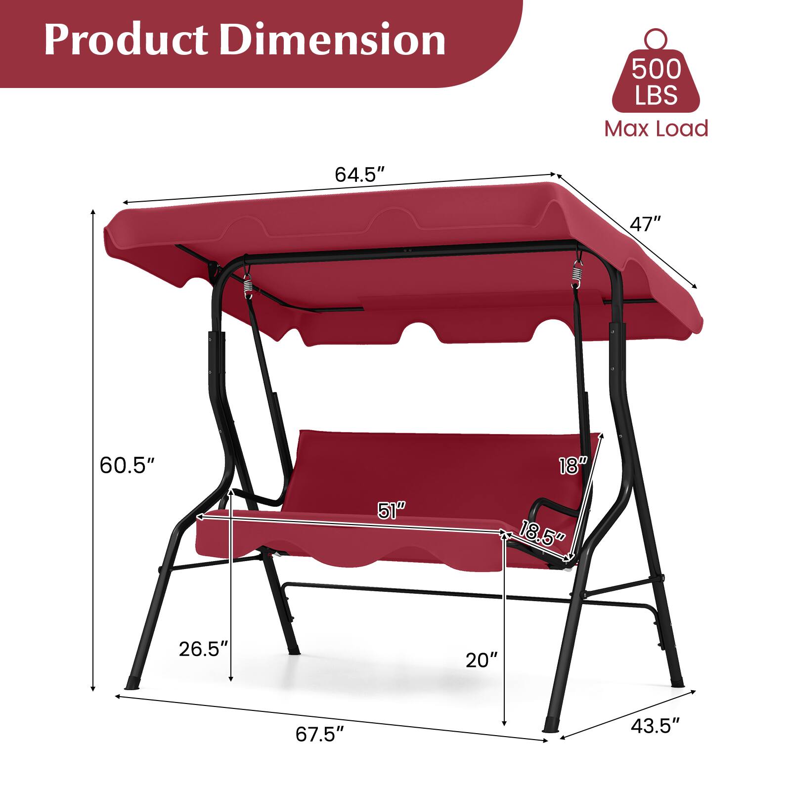 Product Dimension  
500 LBS Max Load  
64.5" x 47" x 60.5" x 18" x 51" x 18.5" x 26.5" x 20" x 67.5" x 43.5"