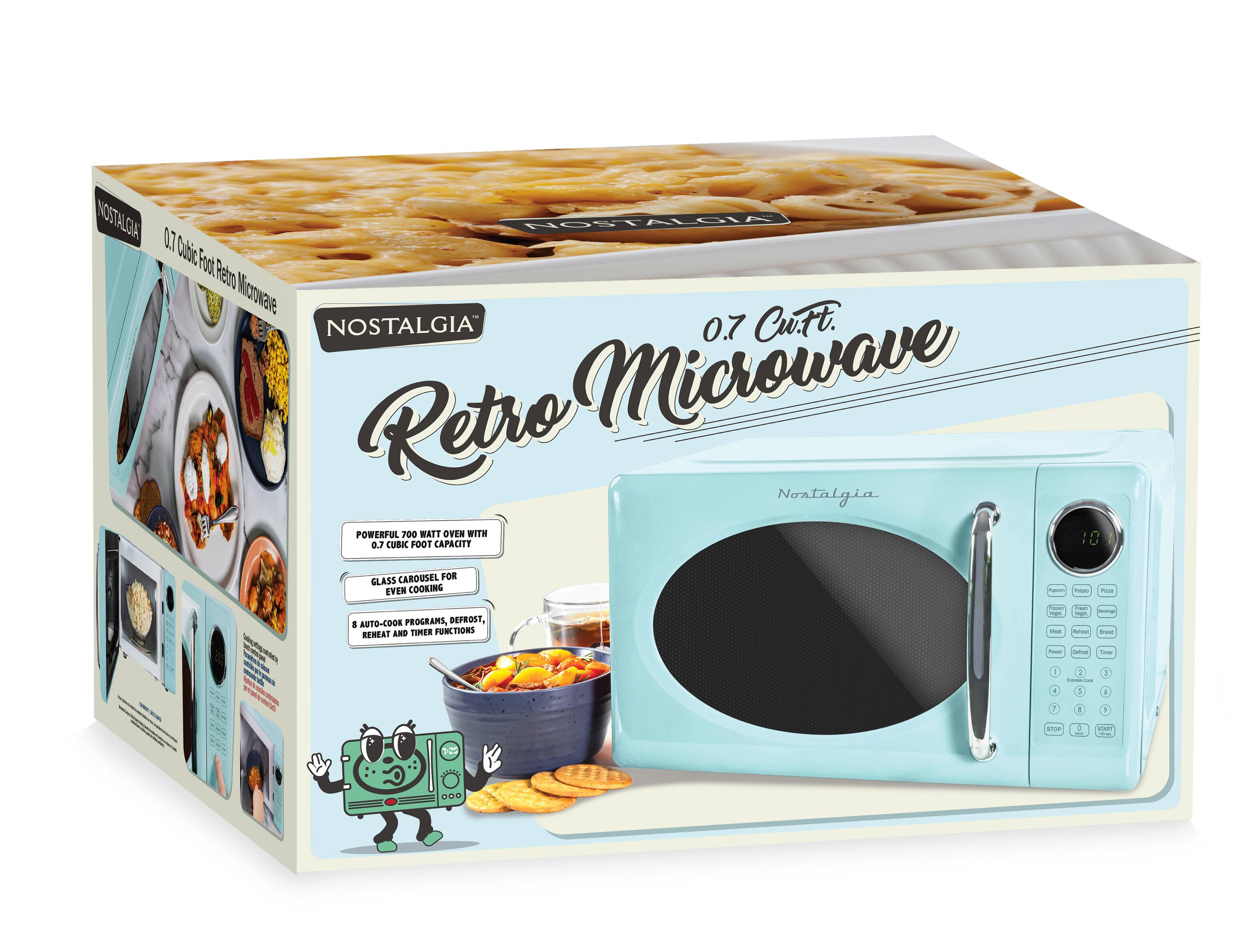 NOSTALGIA 0.7 Retro Microwave  
POWERFUL 700 WATT OVEN WITH 0.7 CUBIC FOOT CAPACITY  
GLASS CAROUSEL FOR EVEN COOKING  
8 AUTO-COOK PROGRAMS, DEFROST, REHEAT AND TIMER FUNCTIONS