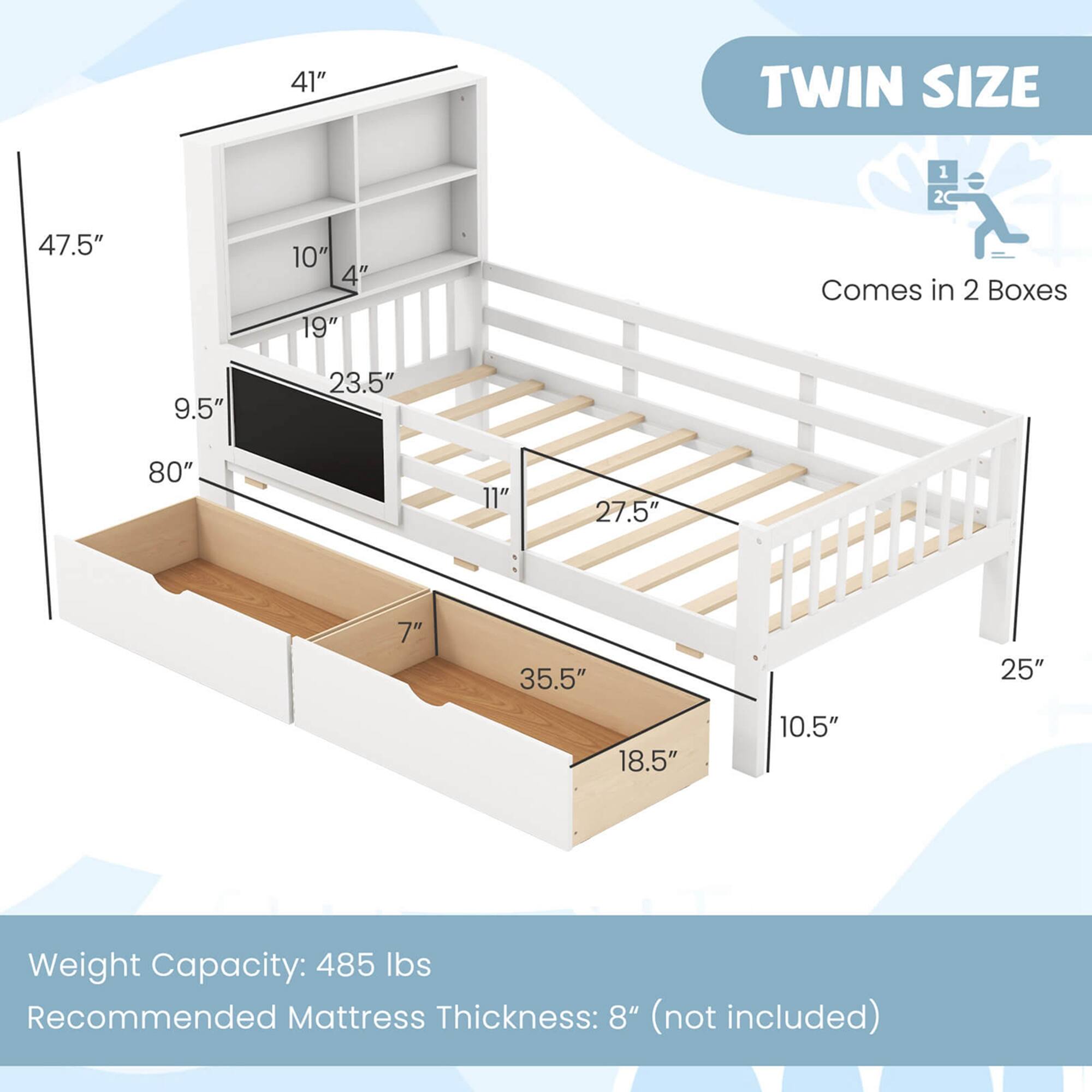 TWIN SIZE, 41", 47.5", 10", 4", 19", Comes in 2 Boxes, 9.5", 23.5", 80", 11", 27.5", 35.5", 25", 18.5", 10.5", Weight Capacity: 485 lbs, Recommended Mattress Thickness: 8" (not included)