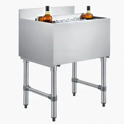 Front. VEVOR - Commercial Ice Bin, 82.9 Qt Max Capacity, 30 x 19 x 33 Inch Stainless Steel Ice Chest with Sliding Lid and Bottle - Silver.