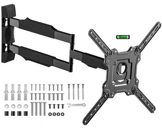 The image shows a black metal shelf bracket with a mounting plate and various screws and hardware components. The bracket has a sturdy design with multiple holes for mounting and adjustment. The hardware includes:
- Screws and bolts
- Washers
- Nuts
- A wrench
The components are neatly arranged below the bracket.