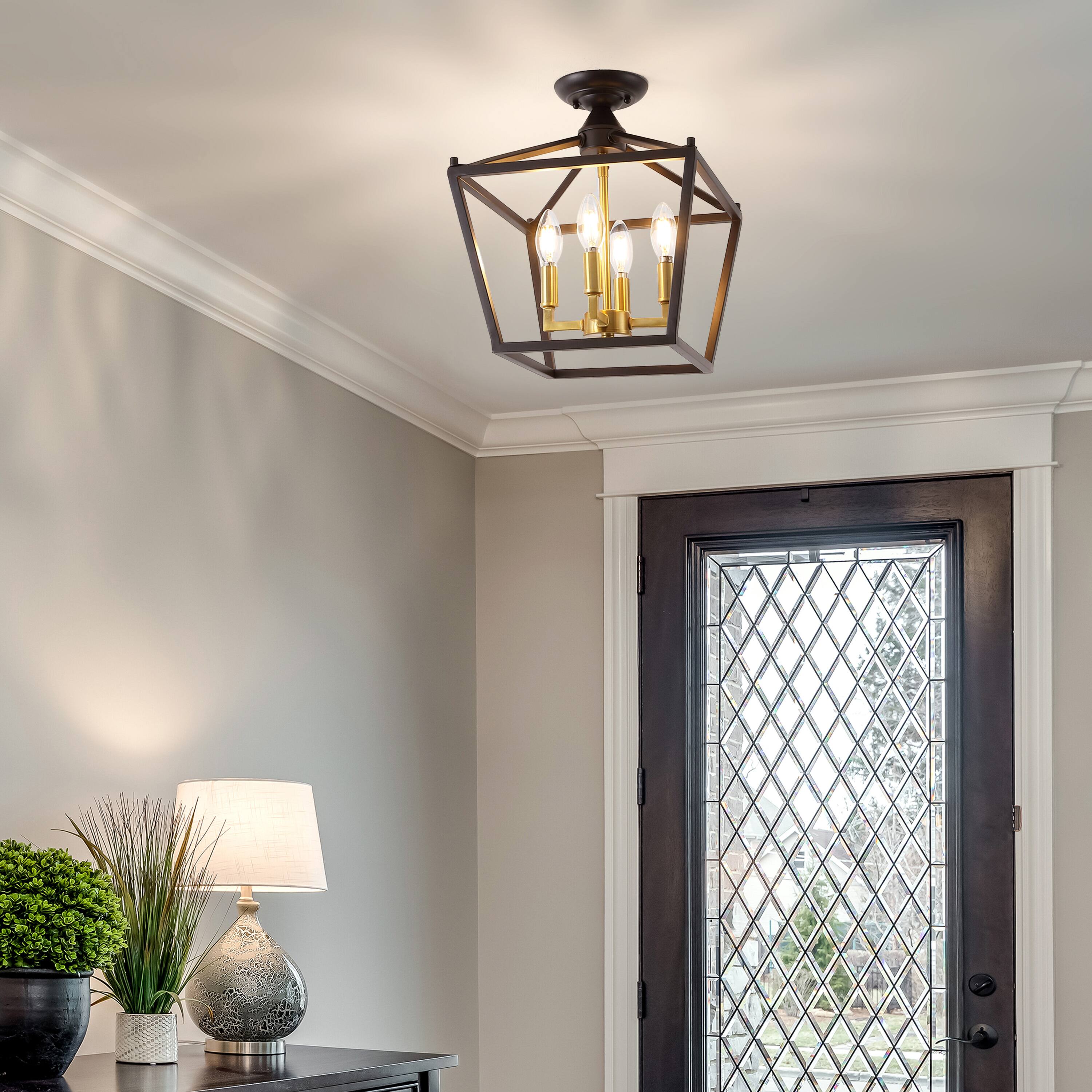 Alt View 1. Jonathan Y - Plains 12" 4-Light Modern Metal Open-Frame Pagoda LED Semi Flush Mount Mini Lantern, Oil Rubbed Bronze/Brass Gold - Oil Rubbed Bronze/Brass Gold.