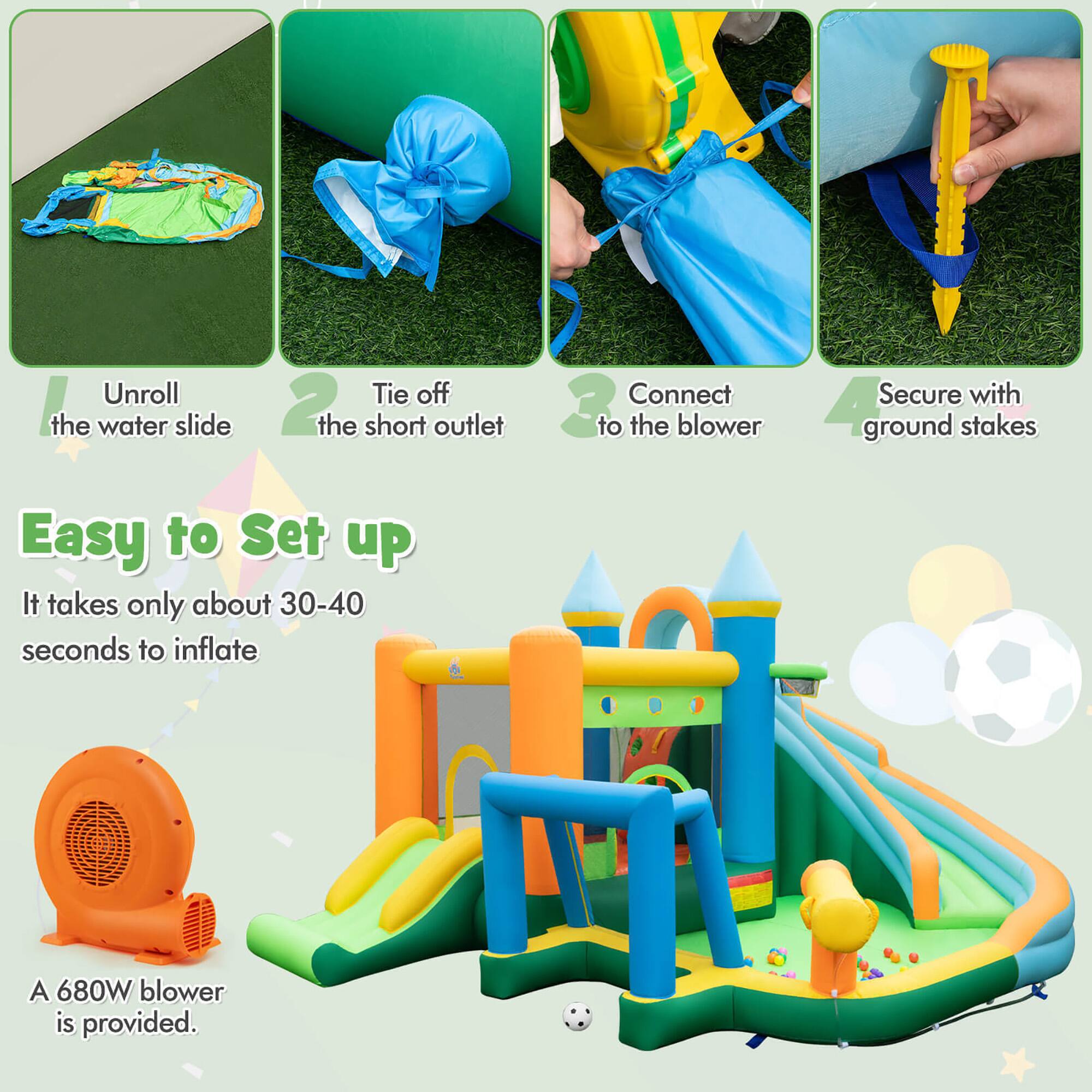 Unroll the water slide  
Tie off the short outlet  
Connect to the blower  
Secure with ground stakes  

Easy to Set up  
It takes only about 30-40 seconds to inflate  

A 680W blower is provided.