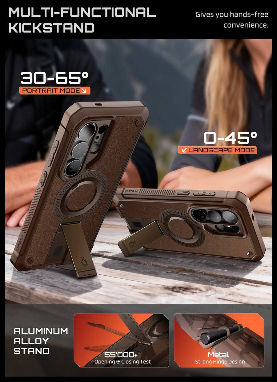 MULTI-FUNCTIONAL KICKSTAND  
Gives you hands-free convenience.  

30-65° PORTRAIT MODE  
0-45° LANDSCAPE MODE  

ALUMINUM ALLOY STAND  
55,000+ Opening & Closing Test  
Metal Strong Hinge Design