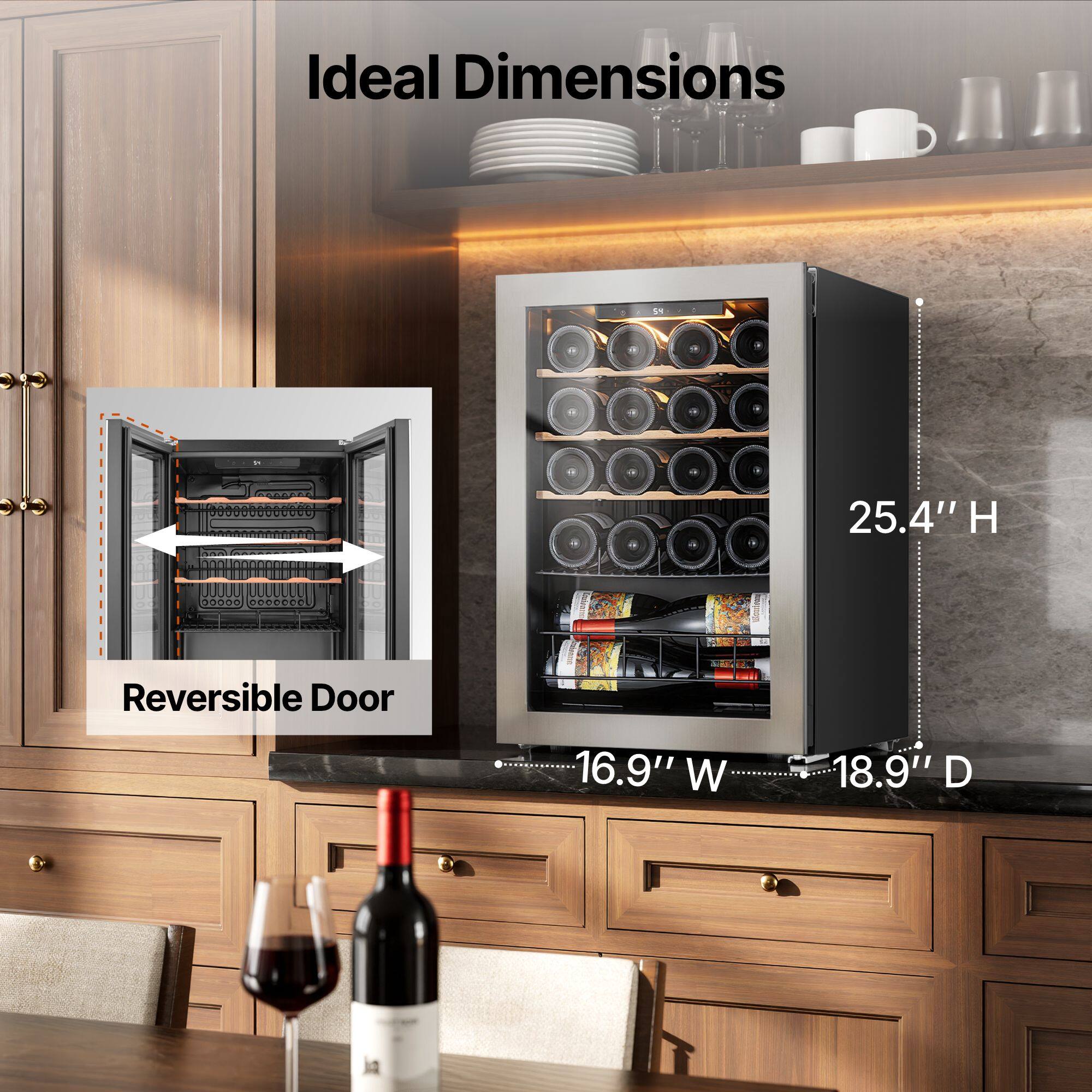 Ideal Dimensions:  
- Height: 25.4"  
- Width: 16.9"  
- Depth: 18.9"  
- Reversible Door