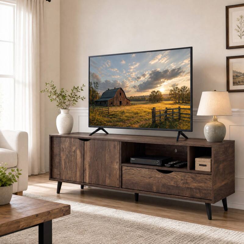 Angle. WELLFOR - Farmhouse TV Stand for TVs up to 65", Entertainment Console Center with Storage Cabinet & Drawer - Brown.