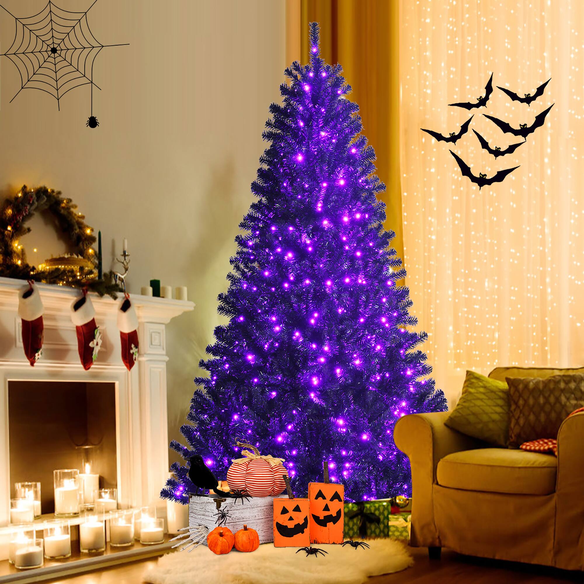 Alt View 11. Costway - 7ft Pre-lit PVC Christmas Tree w/ 500 Purple LED Lights - Black.