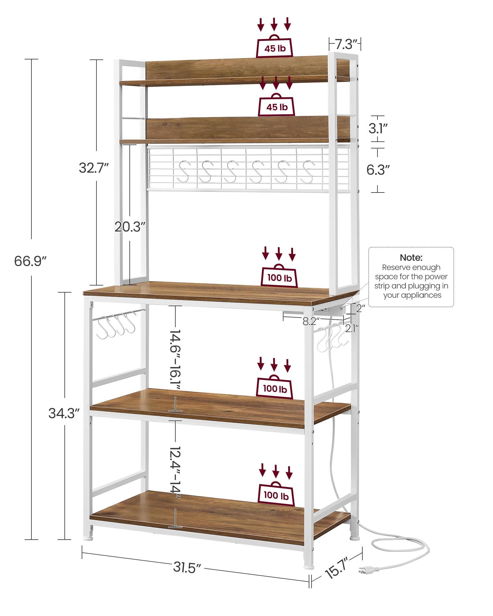 - 45 lb
- 7.3"
- 45 lb
- 3.1"
- 32.7"
- 6.3"
- 20.3"
- 66.9"
- 34.3"
- 14.6"-16.1"
- 100 lb
- 100 lb
- 2"
- 8.2" + 21"
- 12.4"-14"
- 100 lb
- 31.5" : 15.7"

Note: Reserve enough space for the power strip and plugging in your appliances