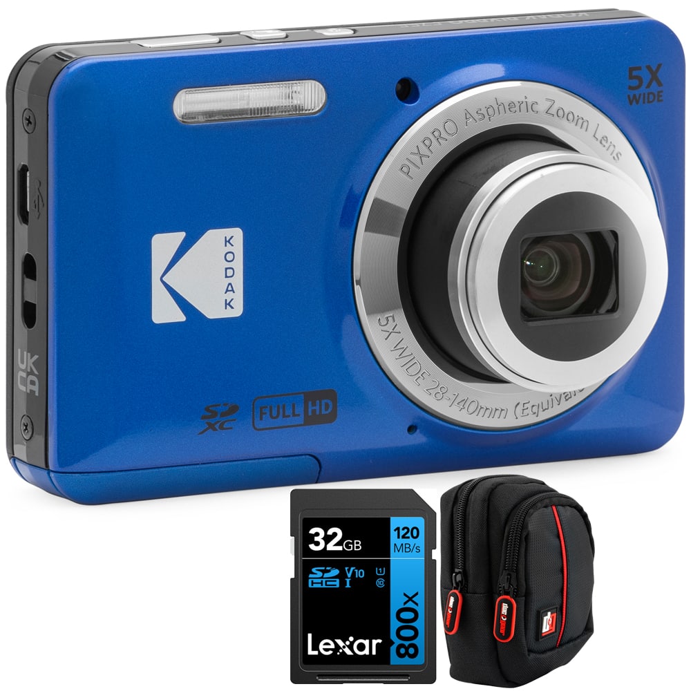 Kodak - PIXPRO FZ55 Digital Camera Blue + Lexar 32GB Memory Card + Bag Camera Case Bundle