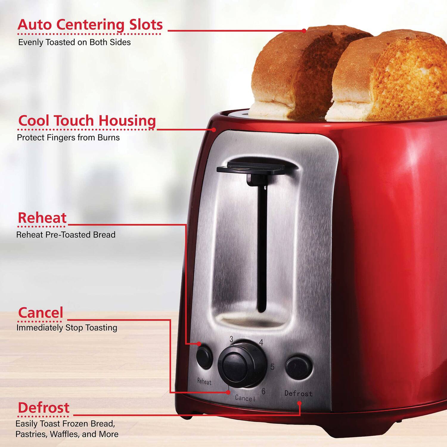 Auto Centering Slots  
Evenly Toasted on Both Sides  

Cool Touch Housing  
Protect Fingers from Burns  

Reheat  
Reheat Pre-Toasted Bread  

Cancel  
Immediately Stop Toasting  

Defrost  
Easily Toast Frozen Bread, Pastries, Waffles, and More