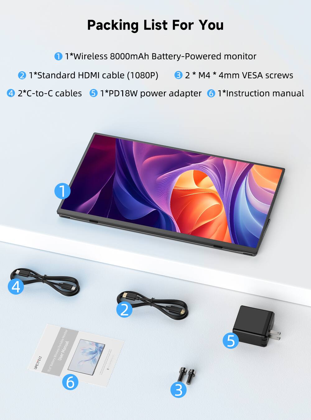 Packing List For You

1. 1*Wireless 8000mAh Battery-Powered monitor
2. 1*Standard HDMI cable (1080P)
3. 2*M4 * 4mm VESA screws
4. 2*C-to-C cables
5. 1*PD18W power adapter
6. 1*Instruction manual