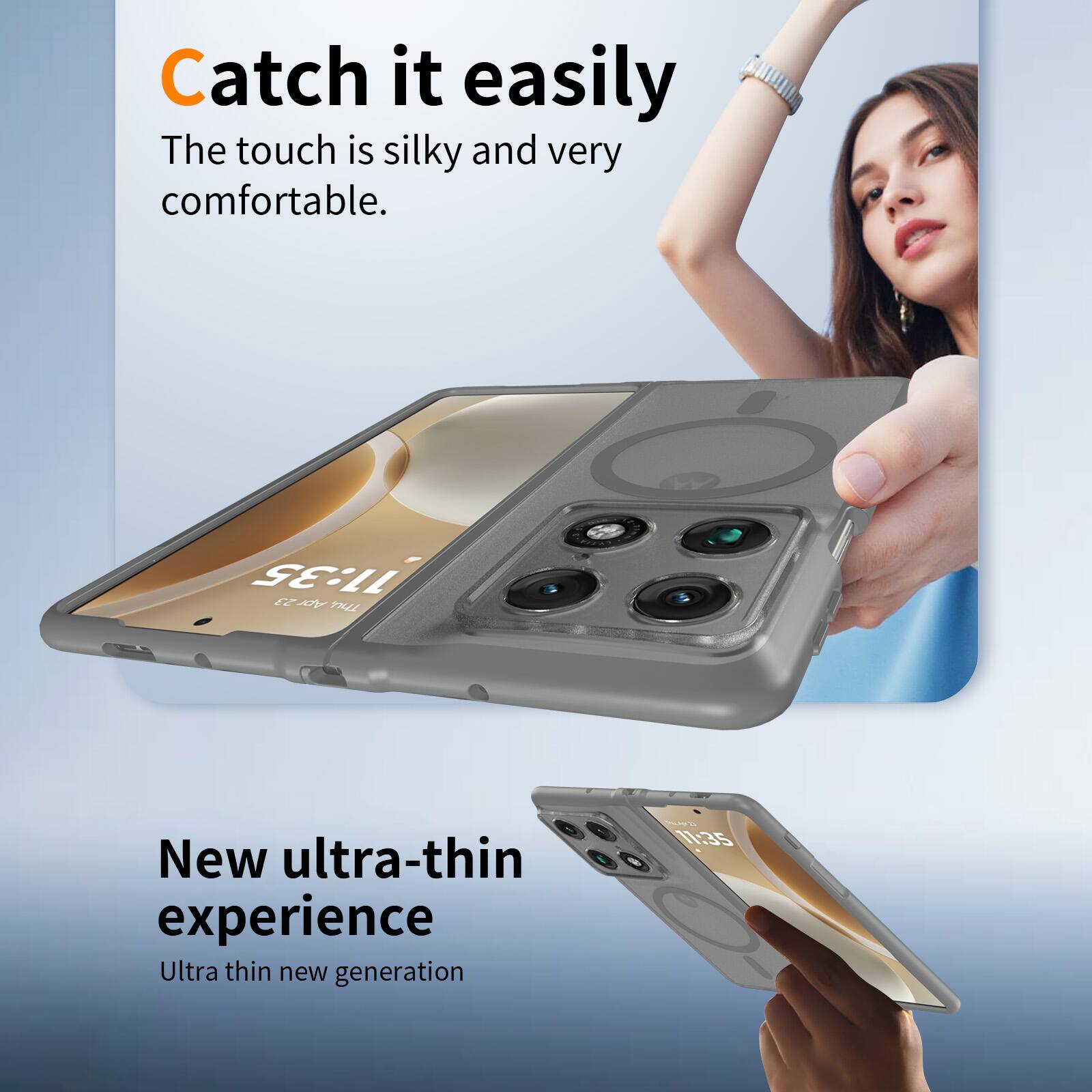 Catch it easily  
The touch is silky and very comfortable.  

11:35  
28 Thu  

New ultra-thin experience  
Ultra thin new generation  

17:35