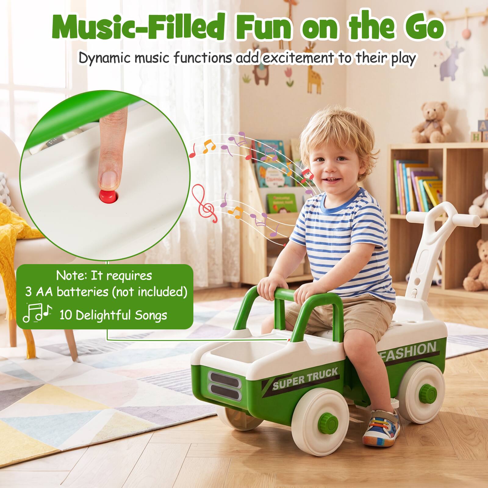 Music-Filled Fun on the Go  
Dynamic music functions add excitement to their play  

Note: It requires 3 AA batteries (not included)  
10 Delightful Songs  

TRUCK SUPER FASHION