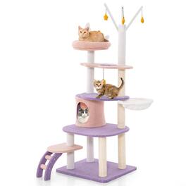 Gymax - 62'' Cute Purple Cat Tree Tower w/ Ladder Sisal Covered Scratching Posts Indoor