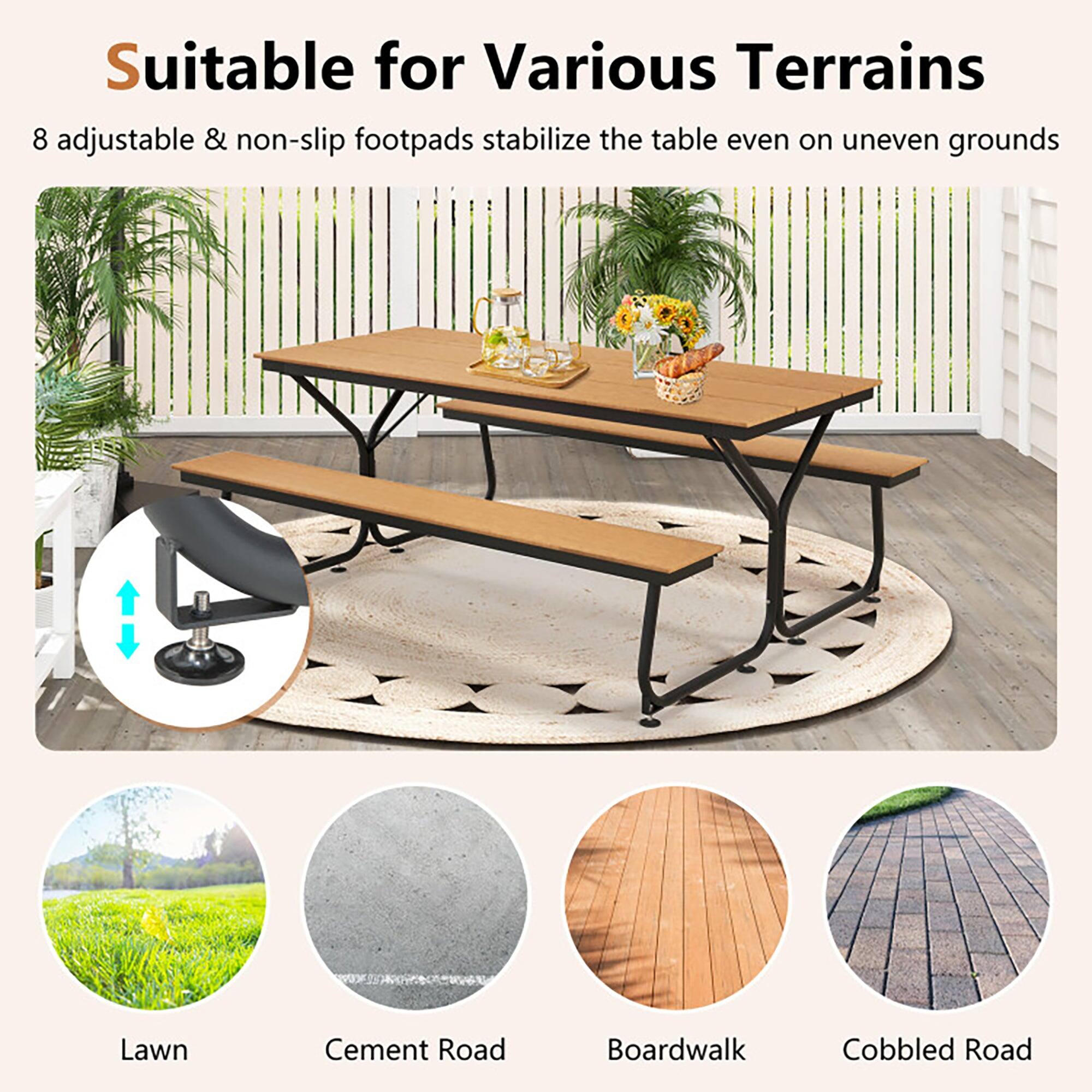 Suitable for Various Terrains

8 adjustable & non-slip footpads stabilize the table even on uneven grounds

Lawn  
Cement Road  
Boardwalk  
Cobbled Road