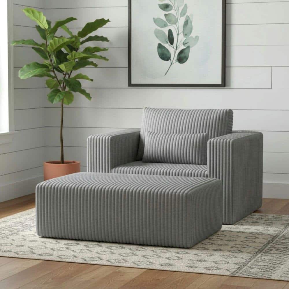 Kadyn - Oversized All-Foam Corduroy Lounge Chair with Ottoman, Modular Floor Couch, Compressed & Easy Assembly - Gray