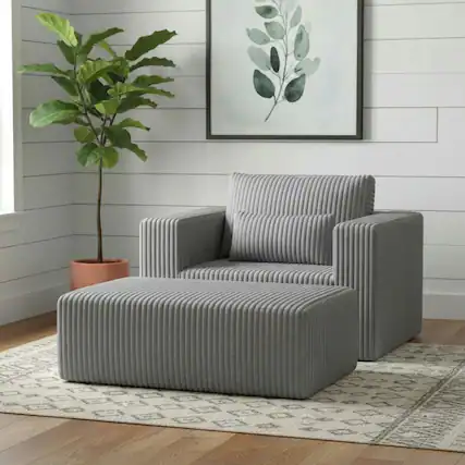 Front. Kadyn - Oversized All-Foam Corduroy Lounge Chair with Ottoman, Modular Floor Couch, Compressed & Easy Assembly - Gray.