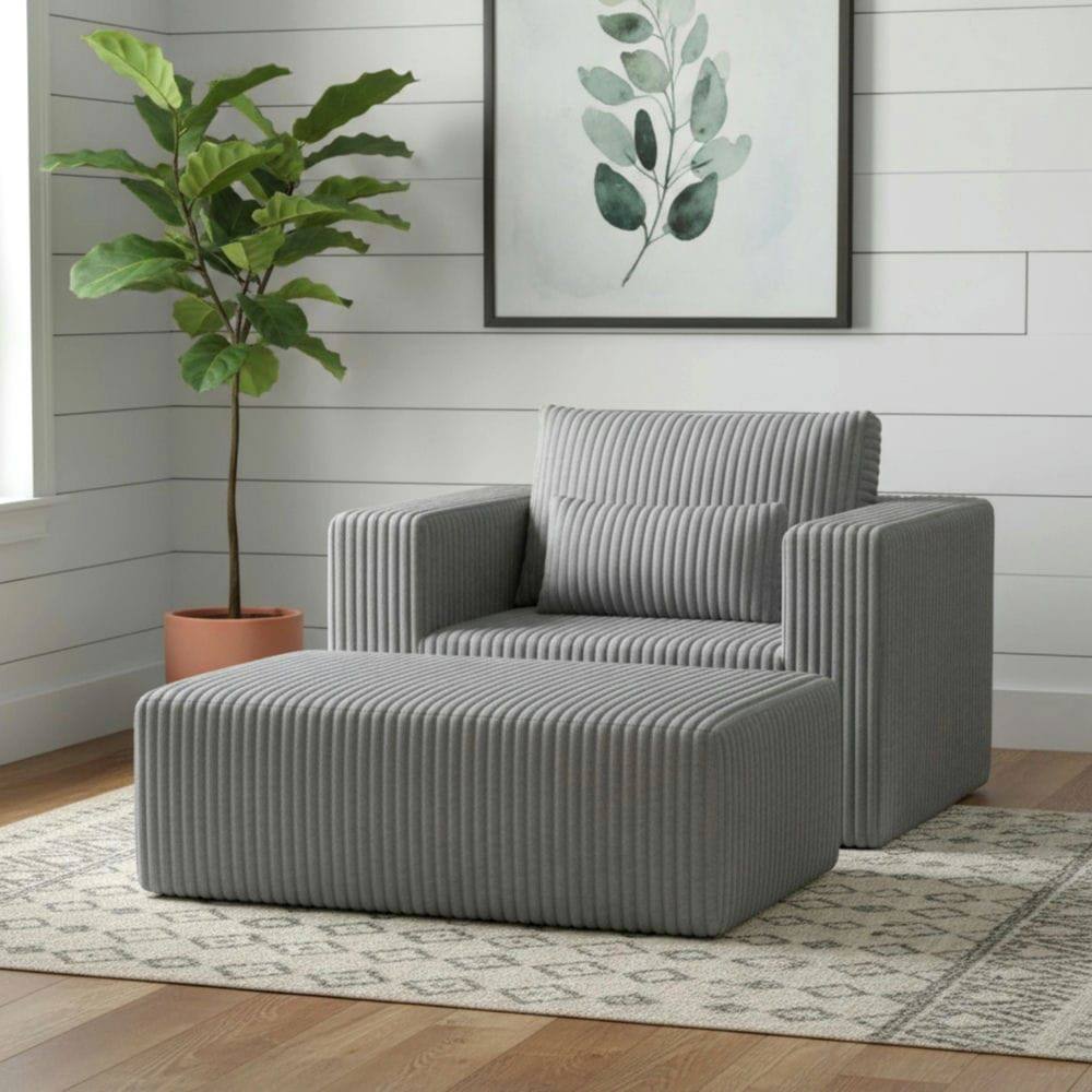 Front. Kadyn - Oversized All-Foam Corduroy Lounge Chair with Ottoman, Modular Floor Couch, Compressed & Easy Assembly - Gray.