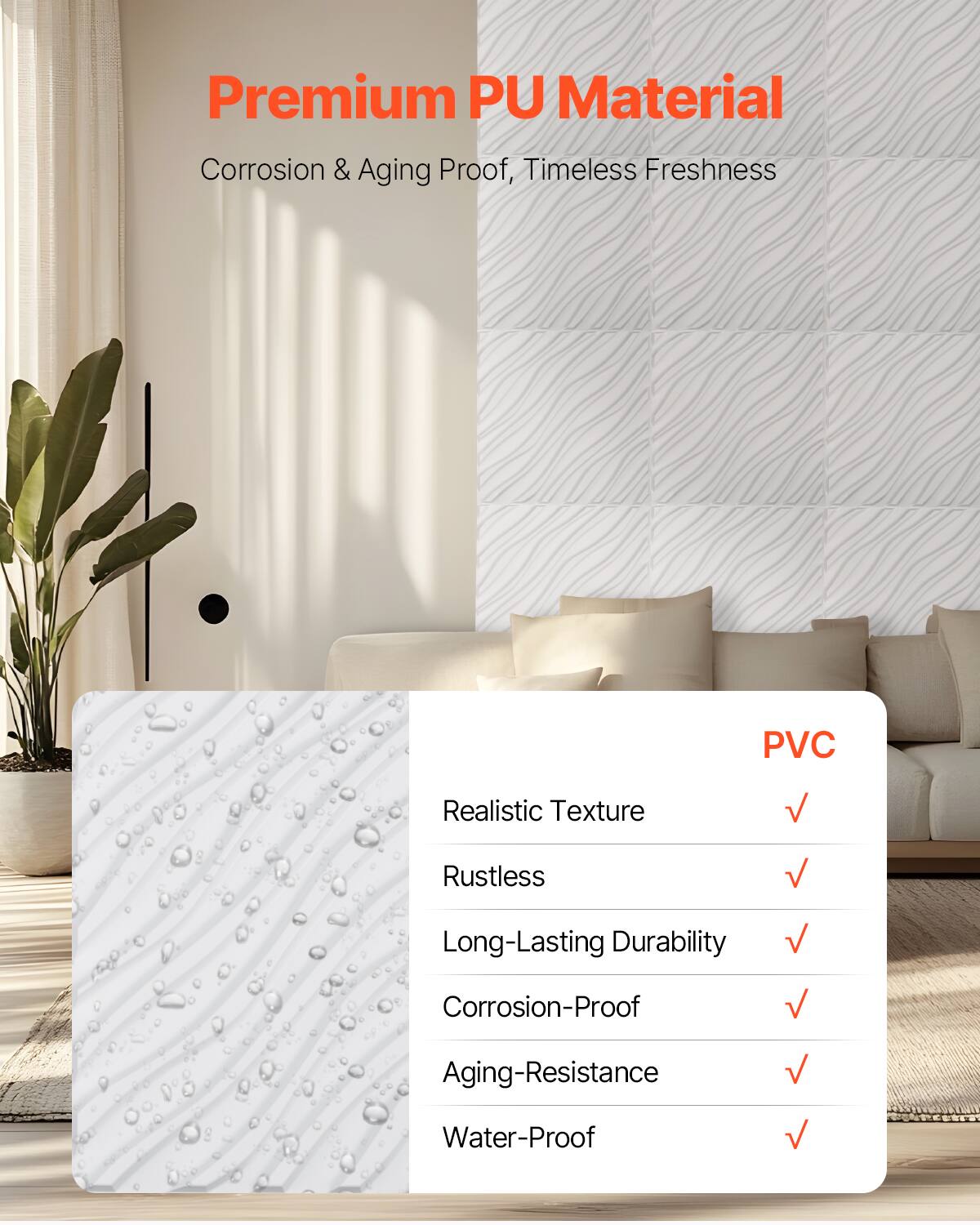 Premium PU Material  
Corrosion & Aging Proof, Timeless Freshness  

PVC  
- Realistic Texture  
- Rustless  
- Long-Lasting Durability  
- Corrosion-Proof  
- Aging-Resistance  
- Water-Proof
