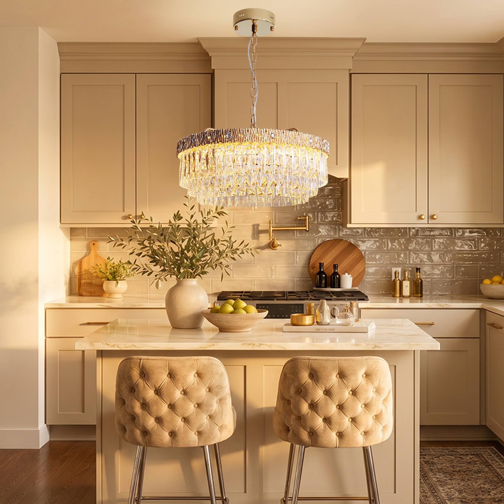 Alt View 2. Siljoy - 24 Inch Round Luxury Champagne Gold Multi-Layer Crystal Chandelier, Ceiling Pendant Light for Living Room and Foyer - Champagne Gold.