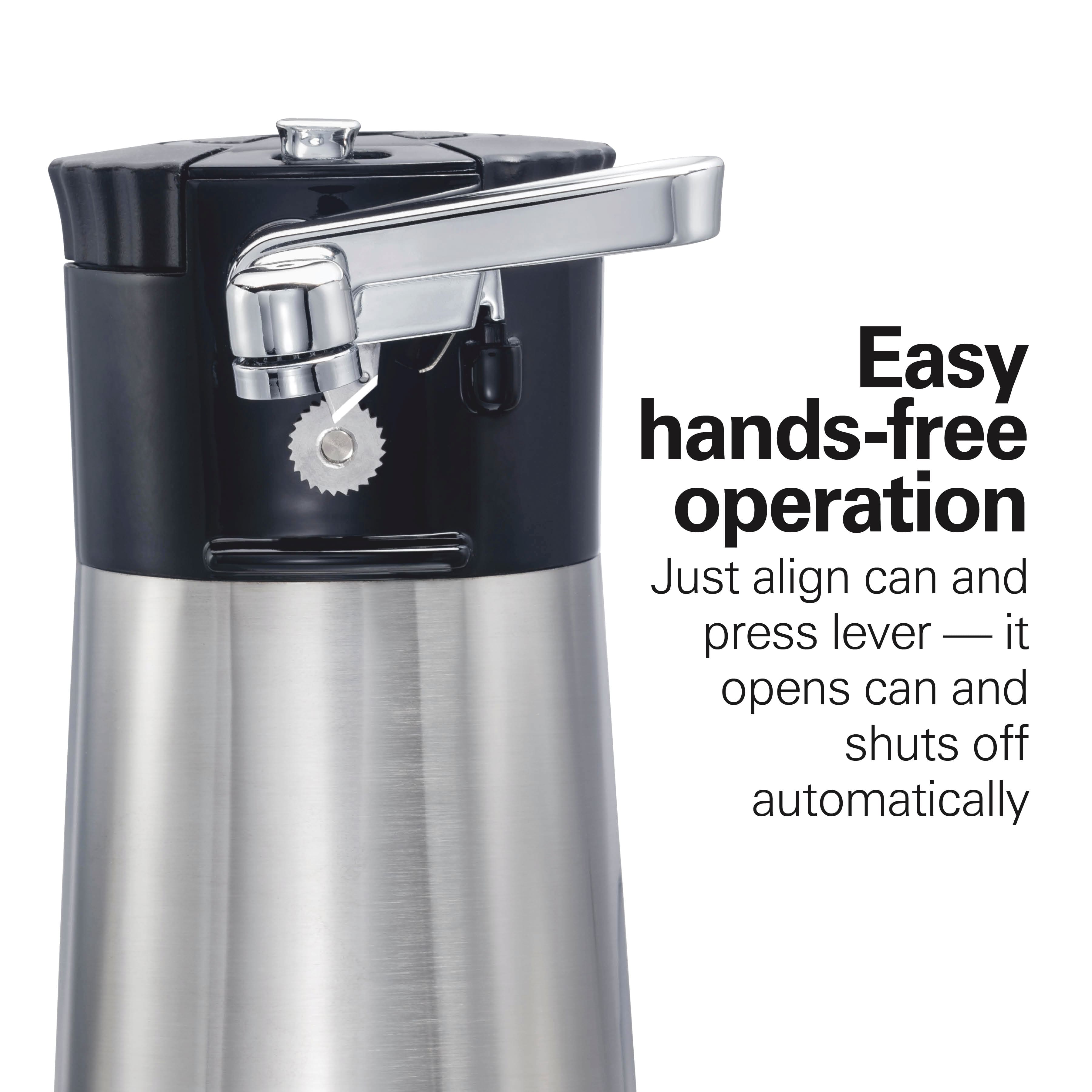 Easy hands-free operation
Just align can and press lever — it opens can and shuts off automatically