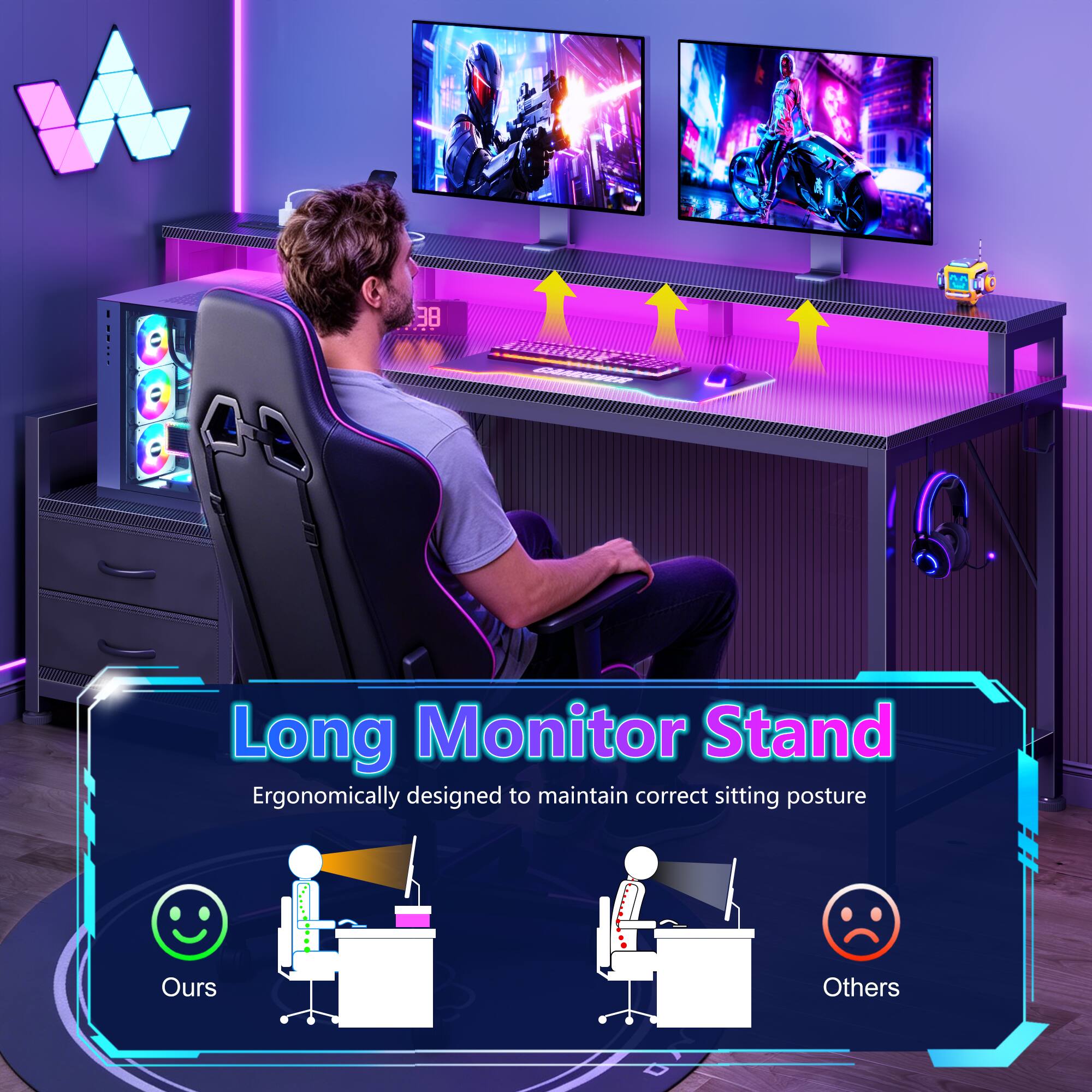 Long Monitor Stand  
Ergonomically designed to maintain correct sitting posture  
Ours  
Others