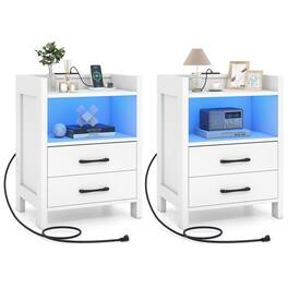 Gymax - 2PCS 23.5'' Nightstand w/LED Lights & Charging Station USB Port & Outlets - White