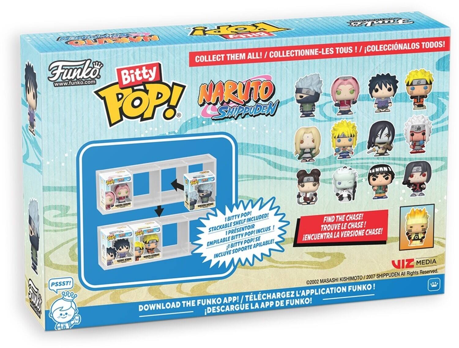 Sure, here is the corrected and grouped text from the image:

---

**Funko**  
www.funko.com

**Bitty Pop!**  
NARUTO SHIPPUDEN

**COLLECT THEM ALL! / COLLECTIONNE-LES TOUS! / COLECCIONALOS TODOS!**

**PSSST!**  
1 Bitty Pop! INCLUDED!  
STACKABLE SHELF INCLUDED!  
1 PRESENTOIR INCLUS!  
EMPILABLE BITY POP! INCLUS!  
¡BITY POP! SE ENCUENTRA EMPILABLE!  
INCLUYE SOPORTE APILABLE!

**FIND THE CHASE! / TROUVE LE CHASE! / ENCUÉNTRALA VERSIONE CHASE!**

**DOWNLOAD THE FUNKO APP! / TÉLÉCHARGEZ L'APPLICATION FUNKO! / ¡DESCARGUE LA APP DE FUNKO!**

**VIZ MEDIA**  
©2002 MASASHI KISHIMOTO / ©2007 SHIPPUDEN All Rights Reserved.

---

This text is grouped and corrected for clarity.