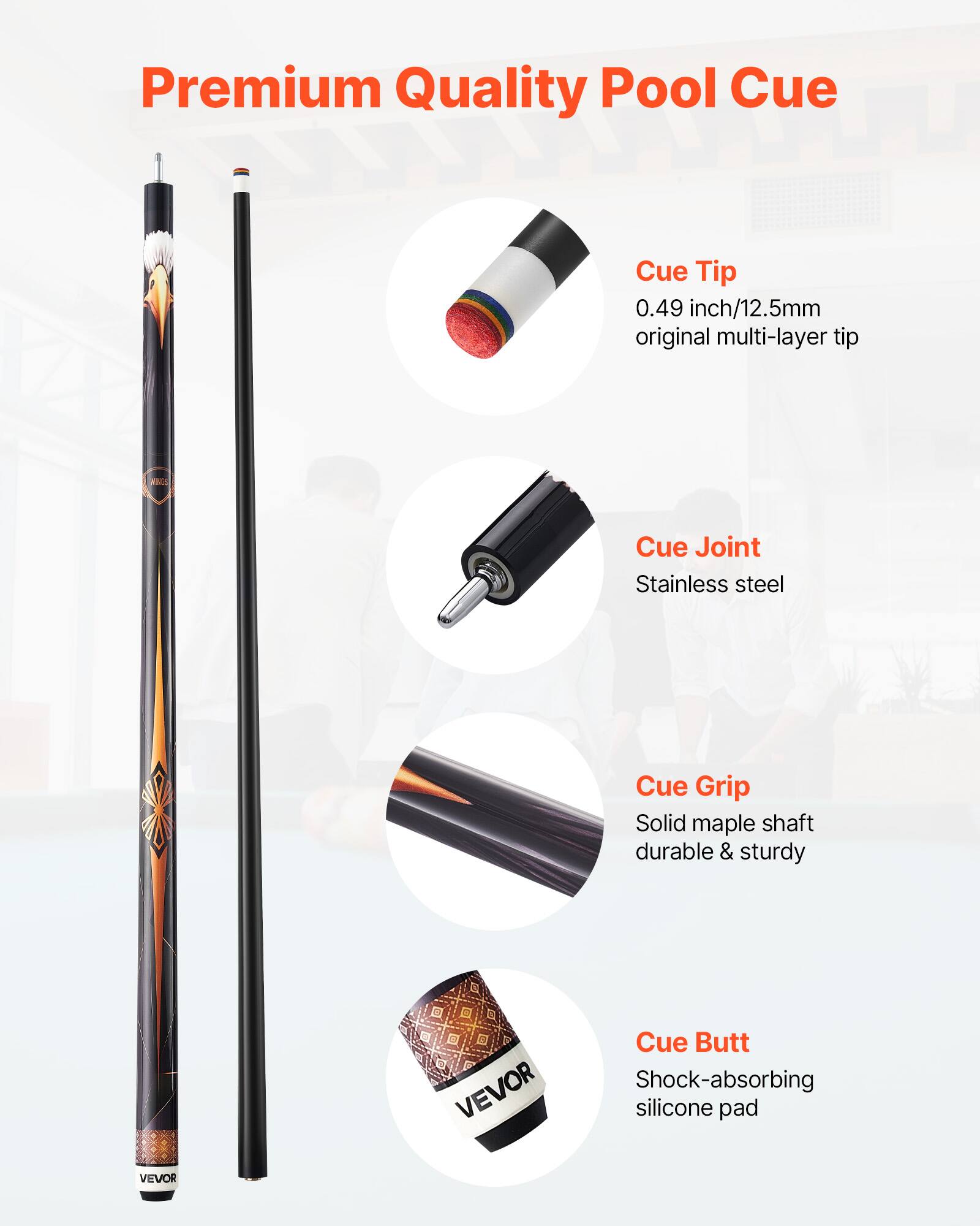 Premium Quality Pool Cue

- Cue Tip
  - 0.49 inch/12.5mm original multi-layer tip

- Cue Joint
  - Stainless steel

- Cue Grip
  - Solid maple shaft durable & sturdy

- Cue Butt
  - Shock-absorbing silicone pad
