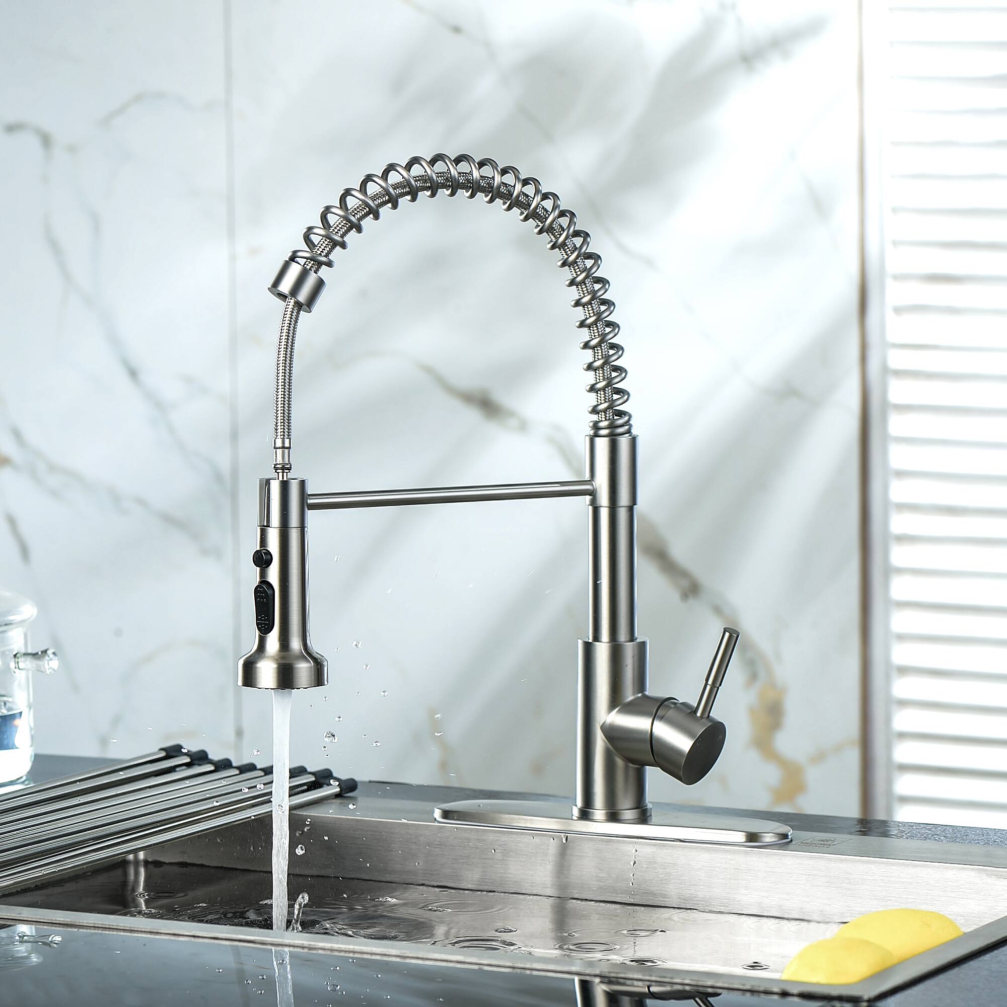 Left. Siljoy - Kitchen Faucet with Pull-Down Spray head in Brushed Nickel Finish, Stainless Steel - Brushed Nickel.