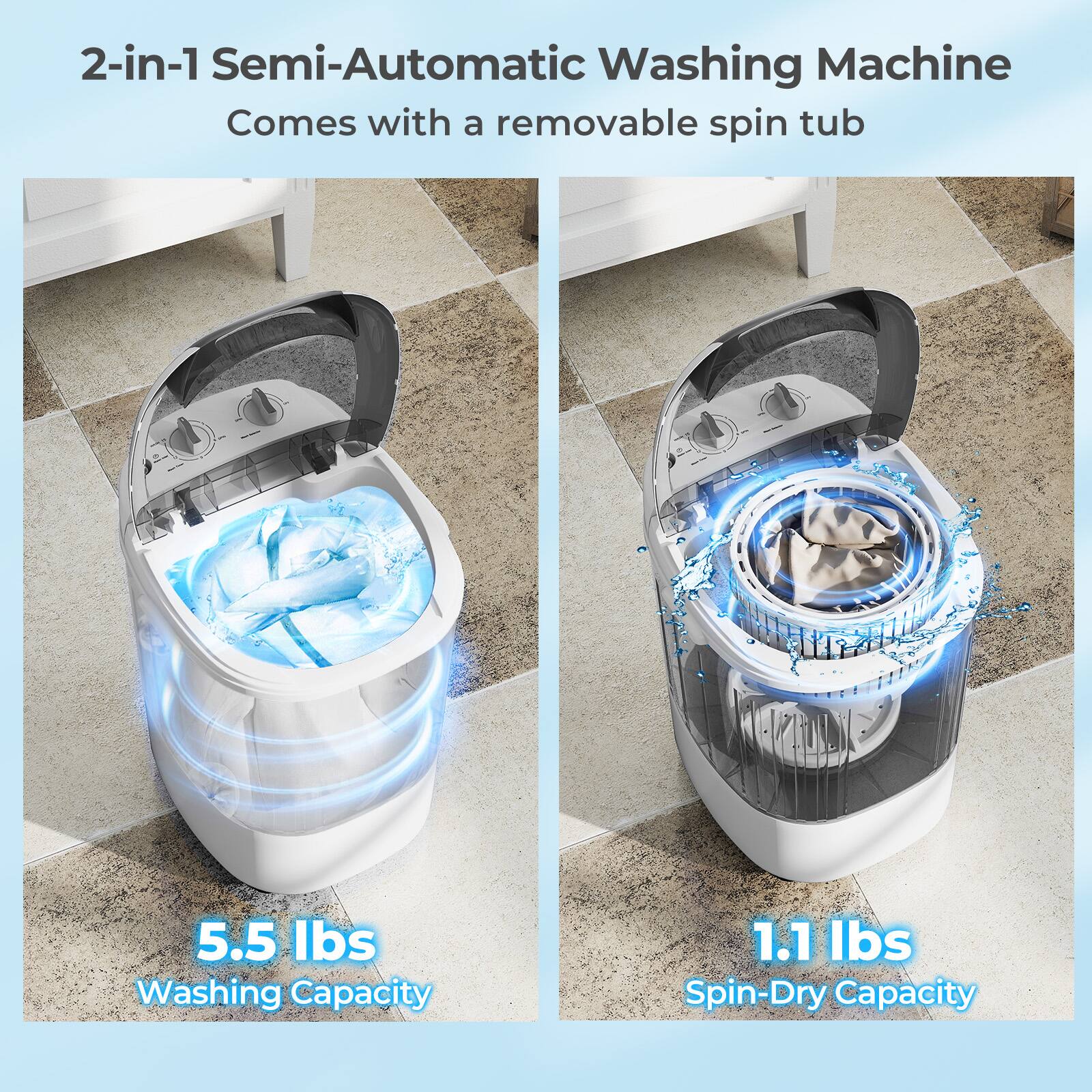 2-in-1 Semi-Automatic Washing Machine  
Comes with a removable spin tub  

5.5 lbs Washing Capacity  
1.1 lbs Spin-Dry Capacity