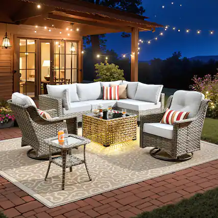 Front. Ovios - 8 PCS Patio Furniture Set Outdoor Sectional Sofa Couch Swivel Chairs with Solar Coffee Table - Grey.