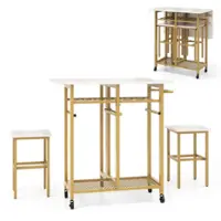 Costway 3 PCS Rolling Dining Table Set Extendable Kitchen Table 2 Stools with Wine Rack White - White and Golden - Front_Zoom