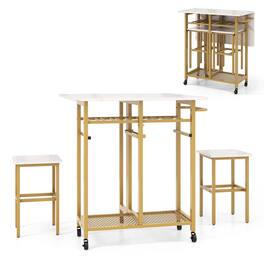 Costway - 3 PCS Rolling Dining Table Set Extendable Kitchen Table 2 Stools with Wine Rack White - White and Golden