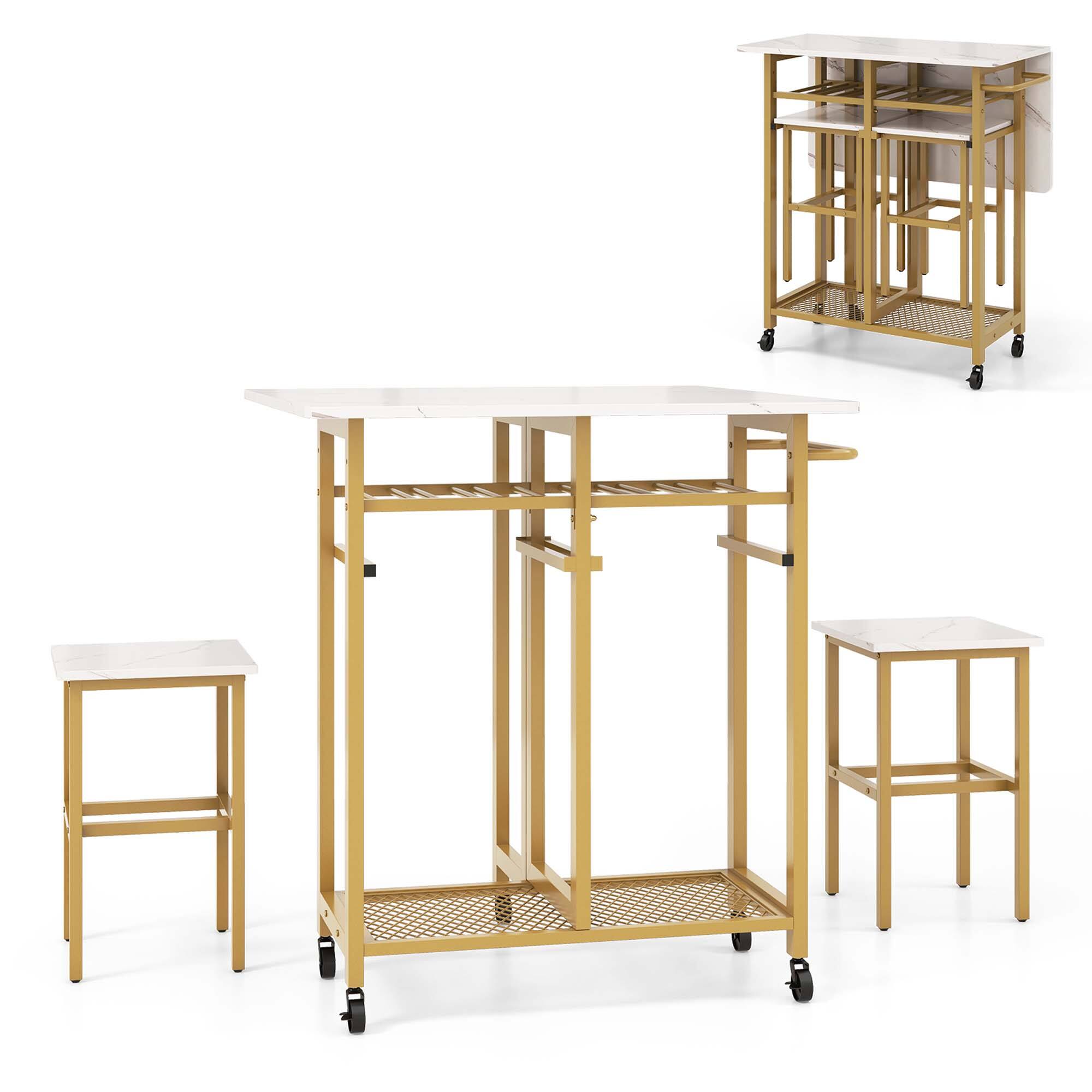 Front. Costway - 3 PCS Rolling Dining Table Set Extendable Kitchen Table 2 Stools with Wine Rack White - White and Golden.
