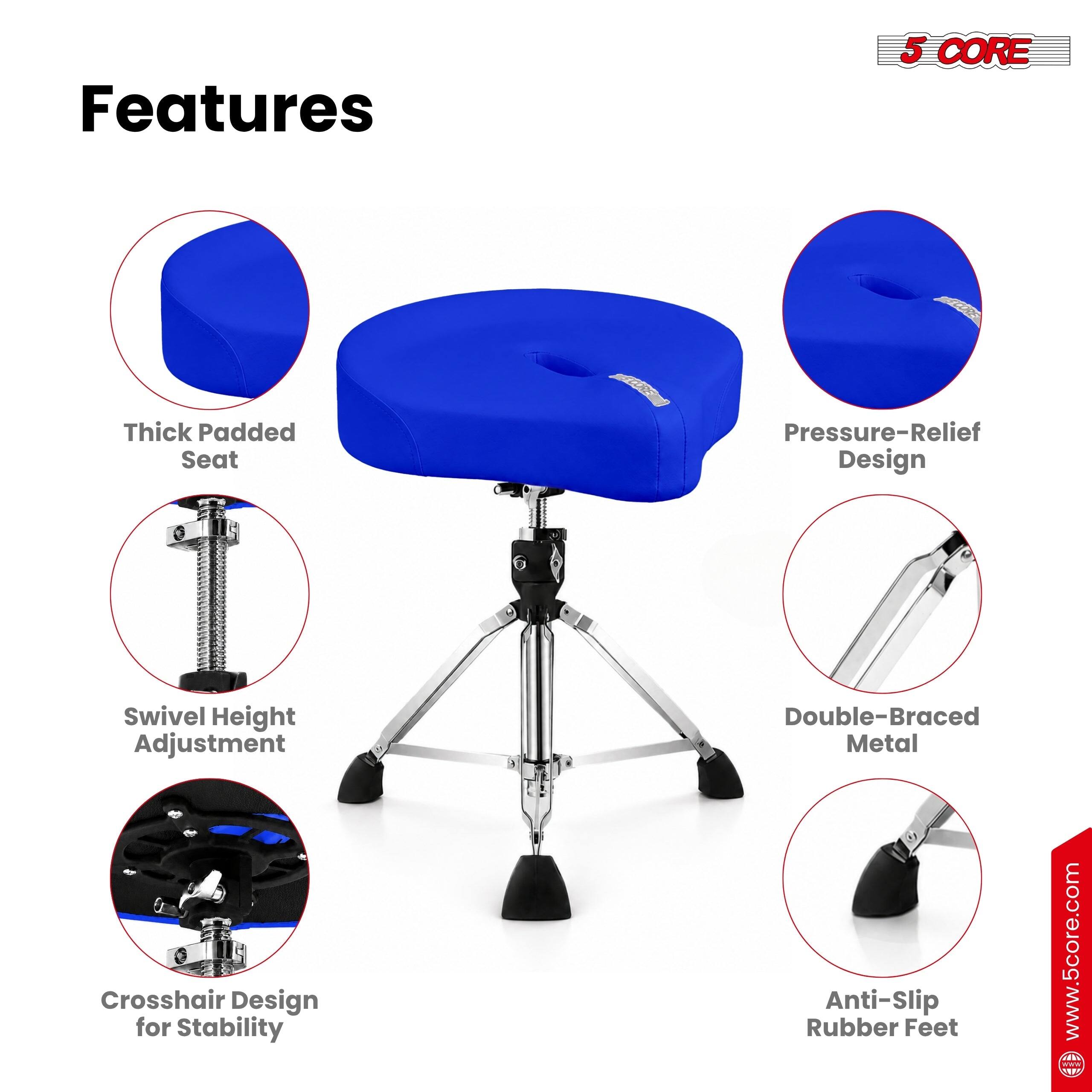 Features

- 5 CORE Thick Padded Seat
- Pressure-Relief Design
- Swivel Height Adjustment
- Double-Braced Metal Crosshair Design for Stability
- Anti-Slip Rubber Feet

www.5core.com