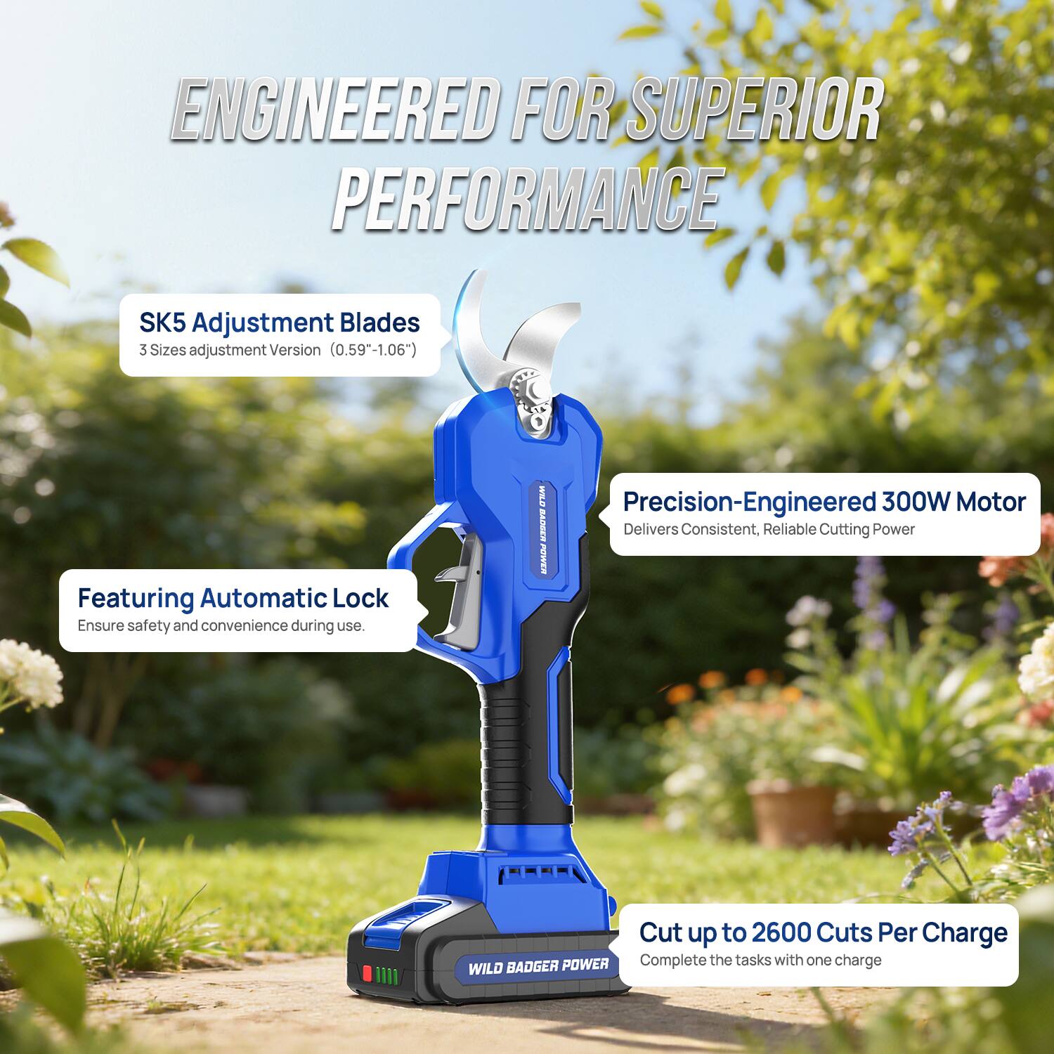 ENGINEERED FOR SUPERIOR PERFORMANCE

SK5 Adjustment Blades
3 Sizes adjustment Version (0.59"-1.06")

Featuring Automatic Lock
Ensure safety and convenience during use.

F1M Precision-Engineered 300W Motor
BADGER
Delivers Consistent, Reliable Cutting Power

Cut up to 2600 Cuts Per Charge
Complete the tasks with one charge

WILD BADGER