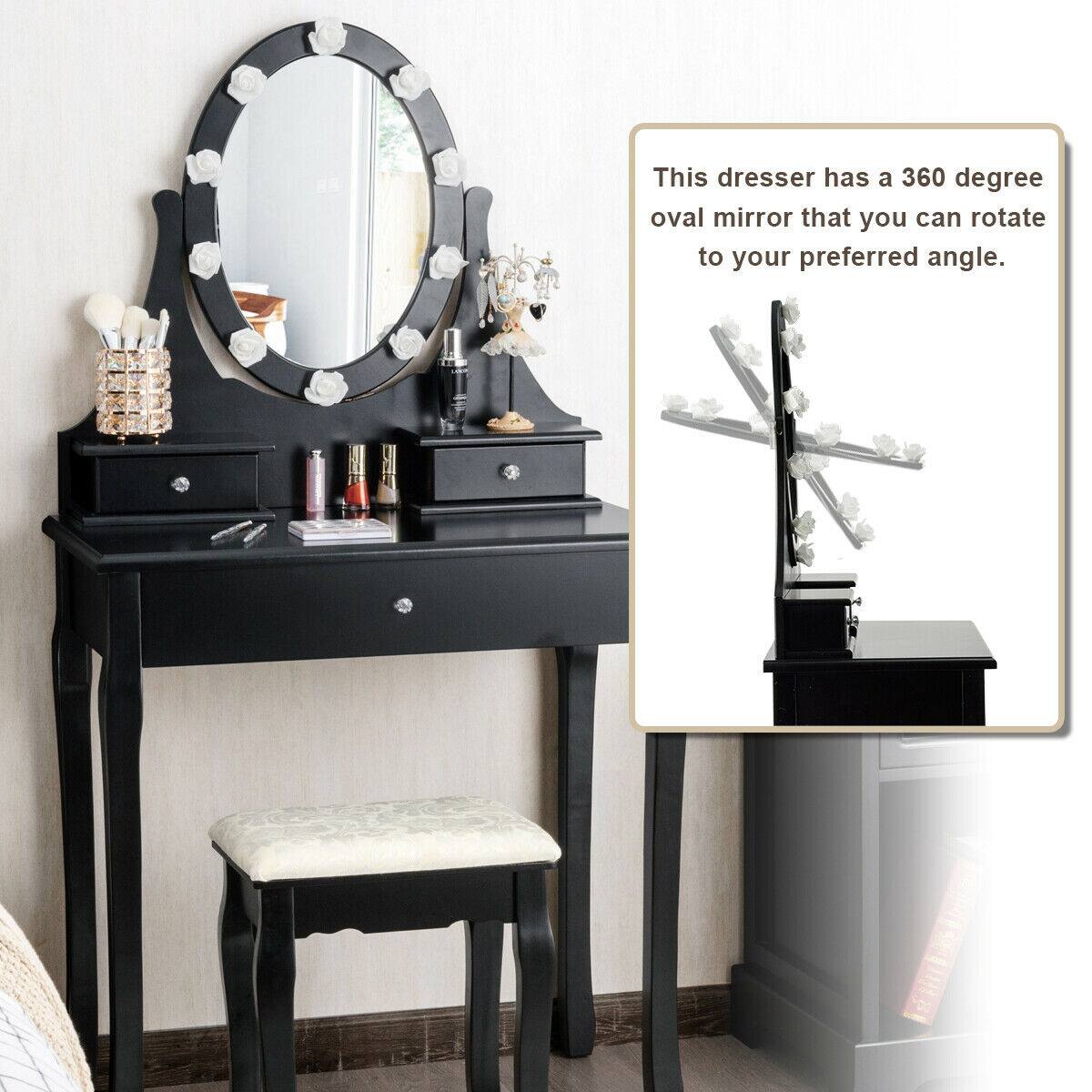 This dresser has a 360 degree oval mirror that you can rotate to your preferred angle.