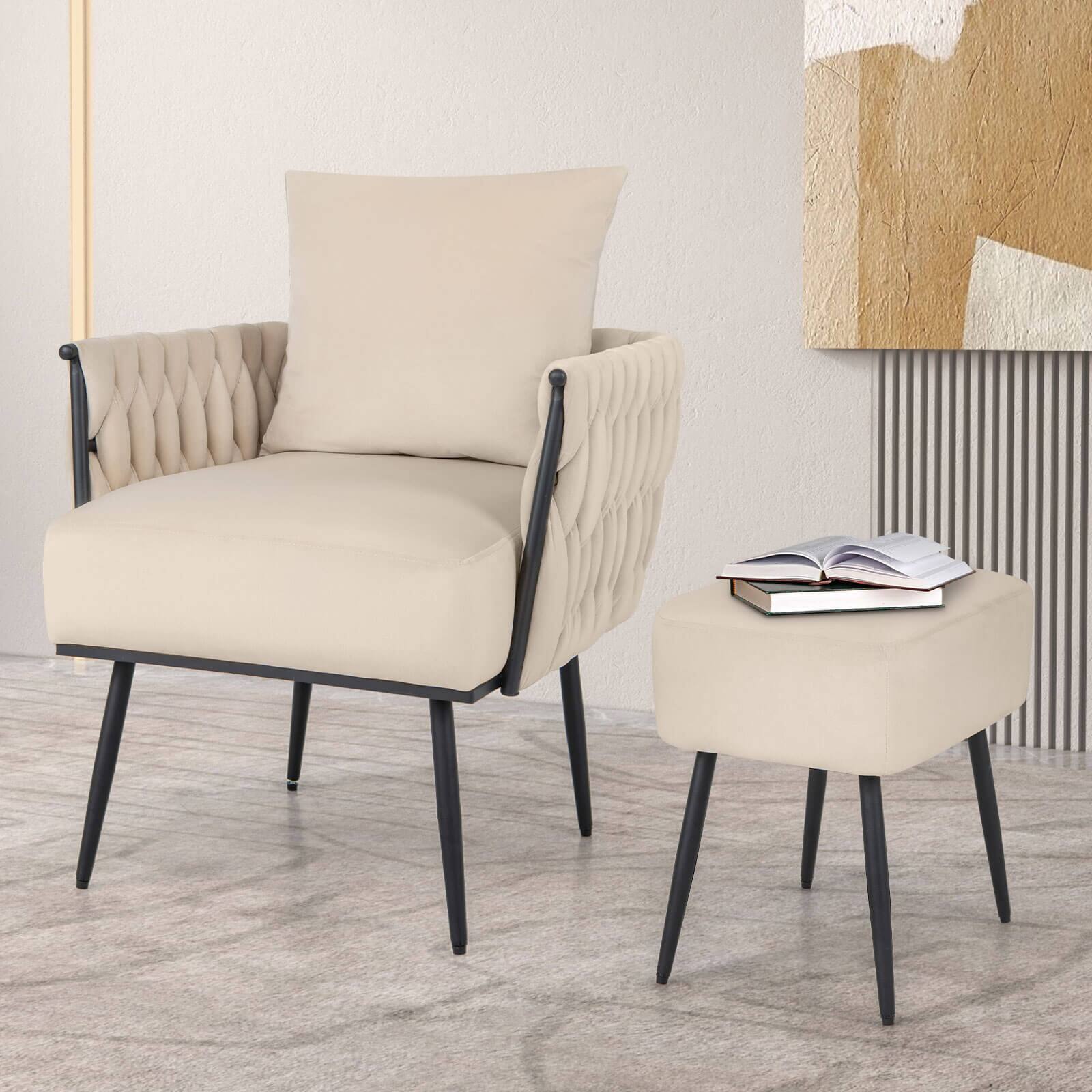 Left. Costway - Modern Dutch Velvet Accent Chair and Ottoman Set - Beige.