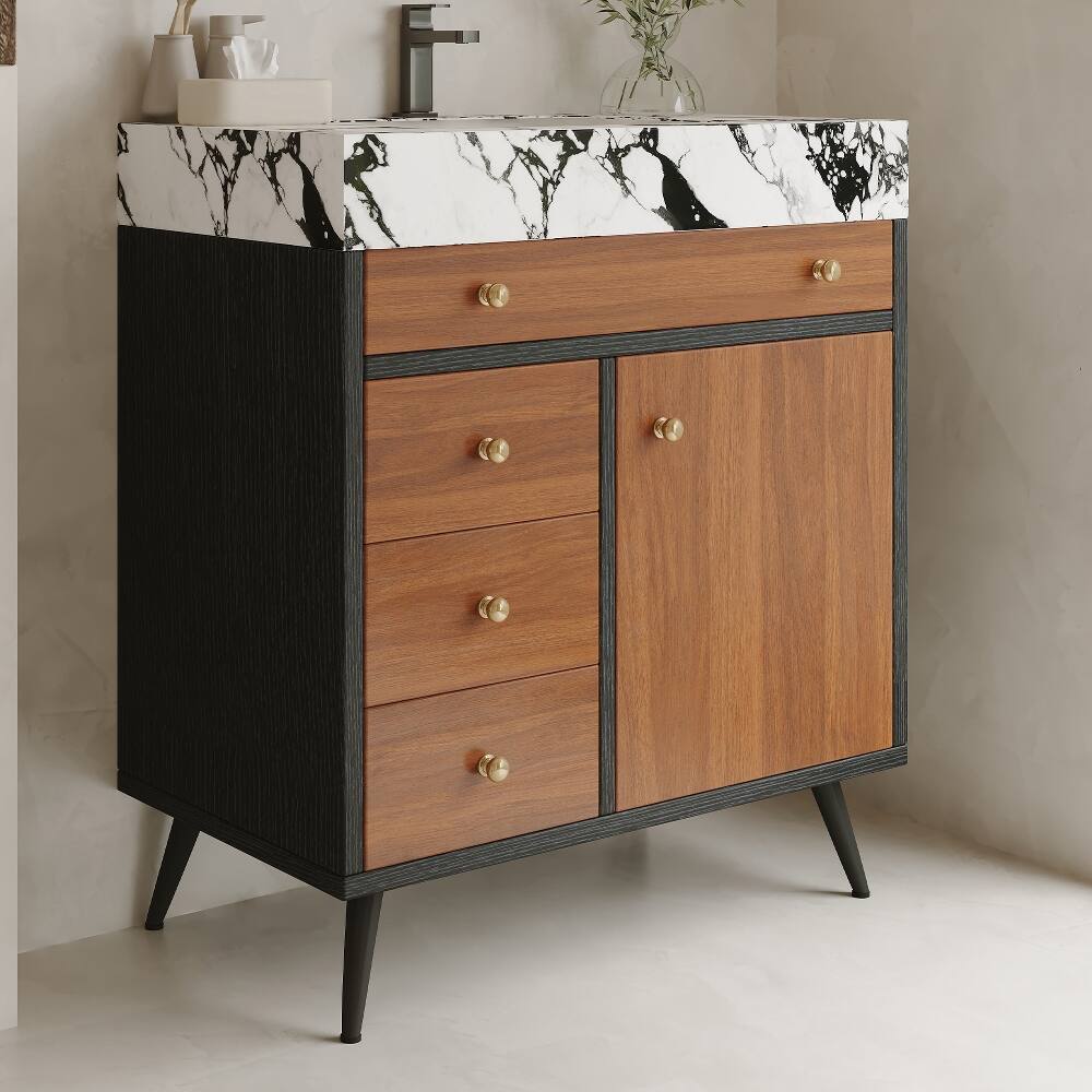 Back. Loheer - Loheer 30 inch freestanding bathroom vanity with sintered stone vanity top and ceramic sink - Walnut.