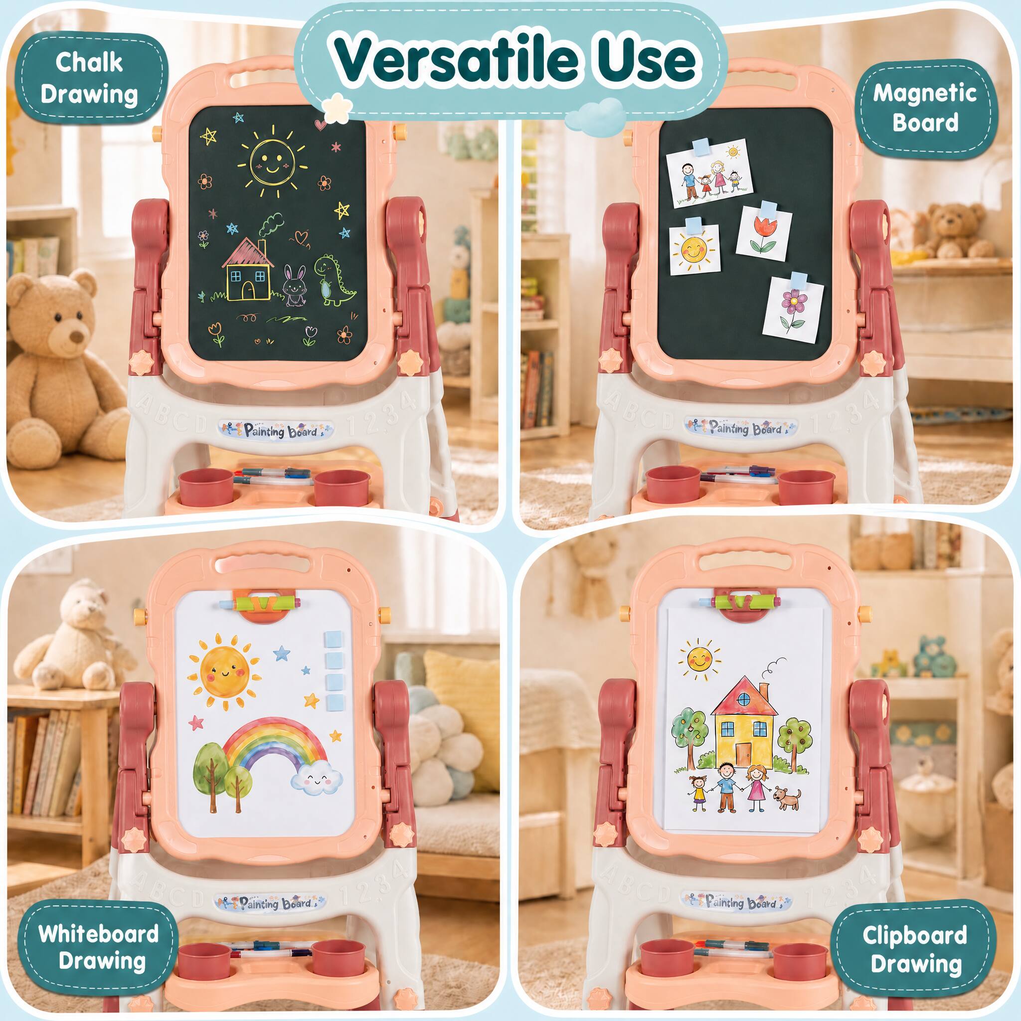 Chalk Drawing  
Versatile Use  
Magnetic Board  
ABCD Painting Board 1234  
alinting Belard  
Painting Board, 1234 Whiteboard Drawing  
ABCD Painting Board 1234 Clipboard Drawing