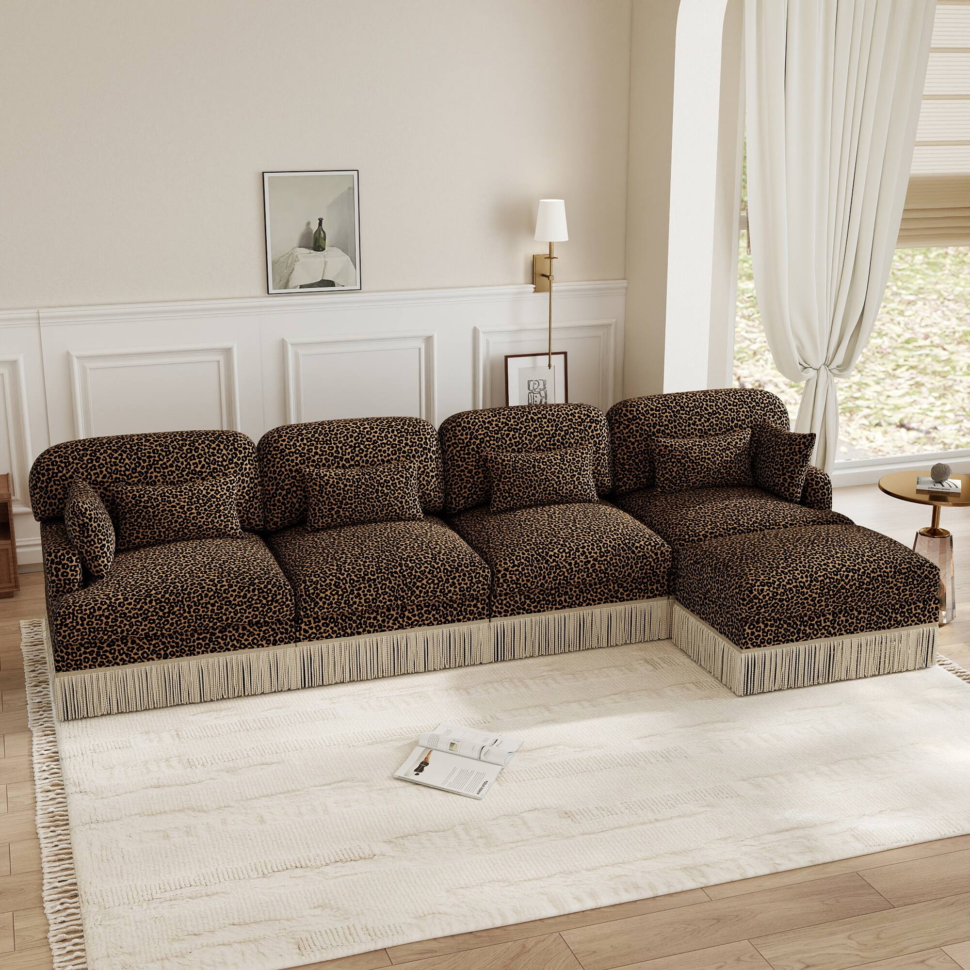 Angle. Anysun - 131" 4-Seater Flexible Modular Leopard Print Chenille L-Shaped Sofa with Tassel Edges & Movable Ottoman - Brown.