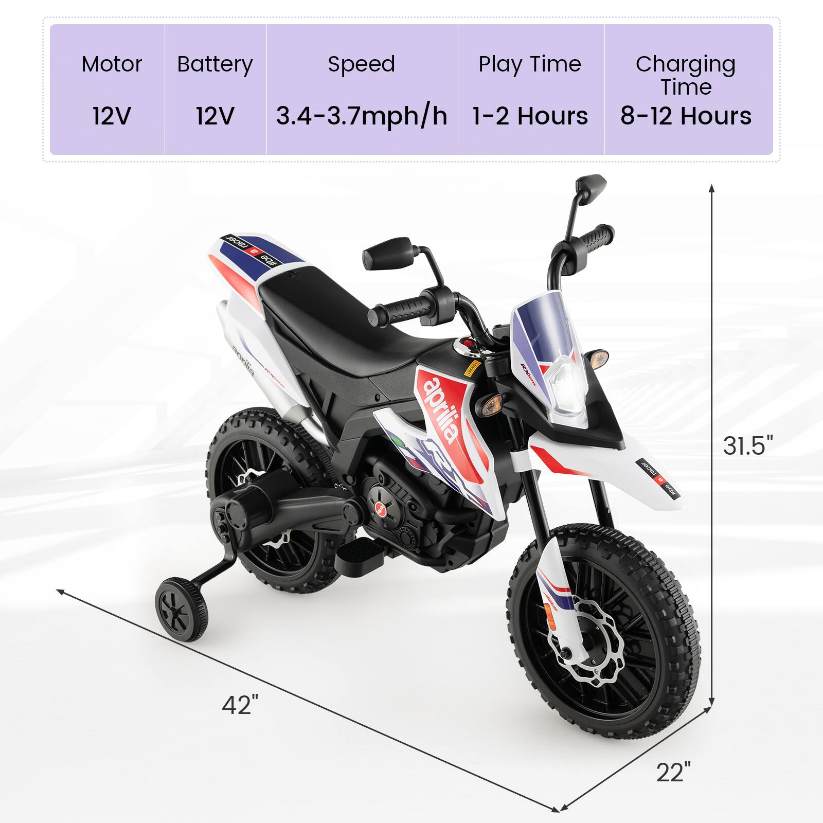 Motor: 12V  
Battery: 12V  
Speed: 3.4-3.7 mph/h  
Play Time: 1-2 Hours  
Charging Time: 8-12 Hours  

Dimensions:  
- Length: 42"  
- Width: 22"  
- Height: 31.5"