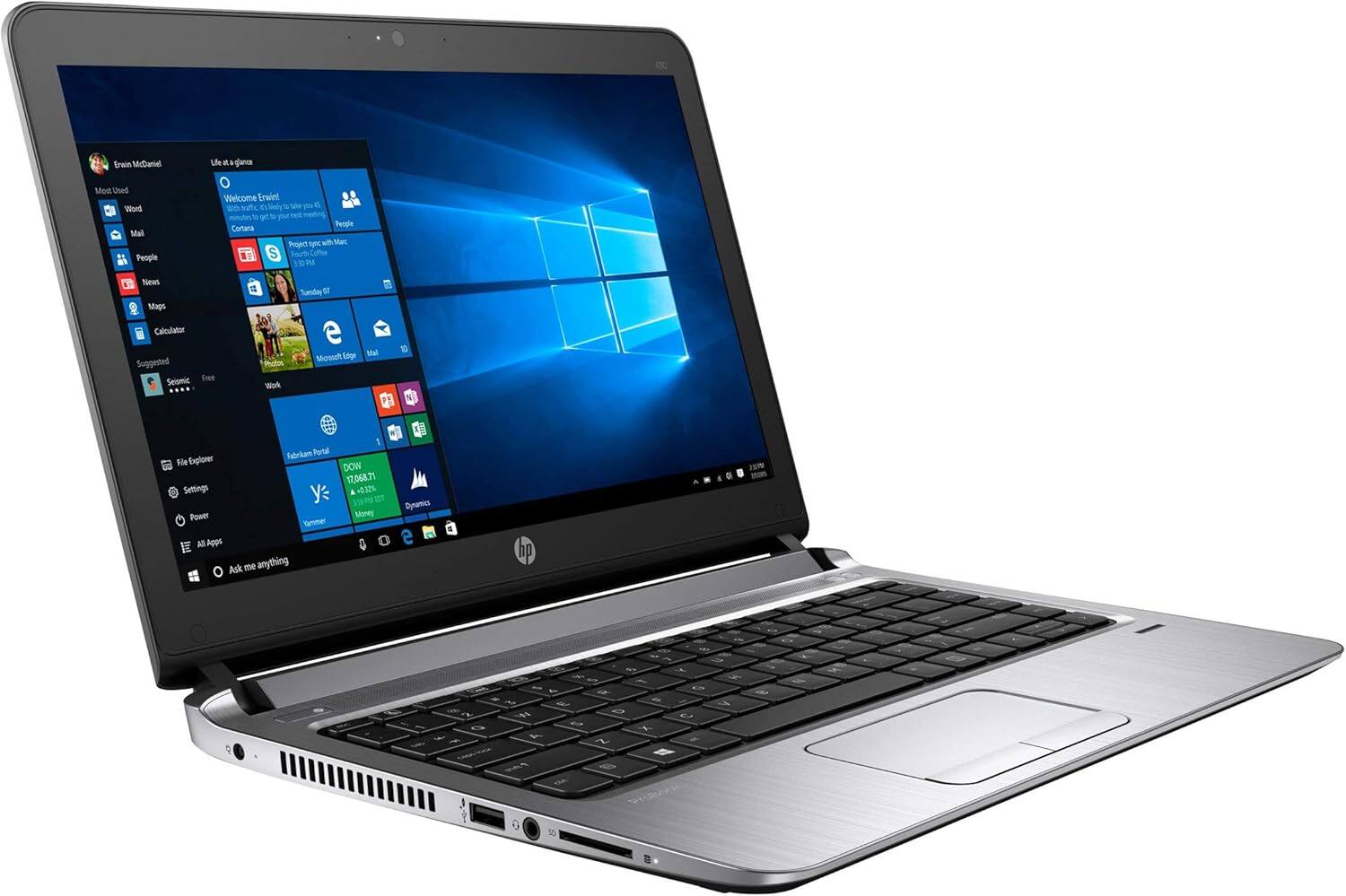 Sure, here is the corrected and grouped text from the image:

---

**Most Used:**
- Word
- Mail
- People
- News
- Maps
- Calculator

**Suggested:**
- Seismic
- Free

**Welcome Erwin!**
- Life at a glance
- Cortana
- Project sync with Mac
- Microsoft Edge
- Mail

**DOW:**
- 17,068.71
- +0.32%
- 0

**Settings:**
- File Explorer
- Settings
- Power
- All Apps

**Ask me anything**

**HP**

---

This text is organized based on the layout and content visible on the laptop screen.