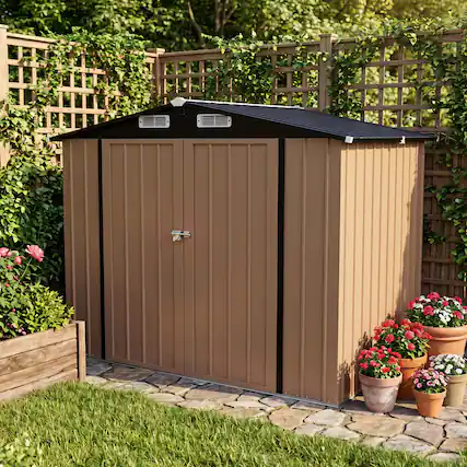 Front. LAUSAINT HOME - 8x6 FT Galvanized Steel Shed Double Lockable Doors Gable Roof and Vent for Backyard Patio Garden Brown - Brown.