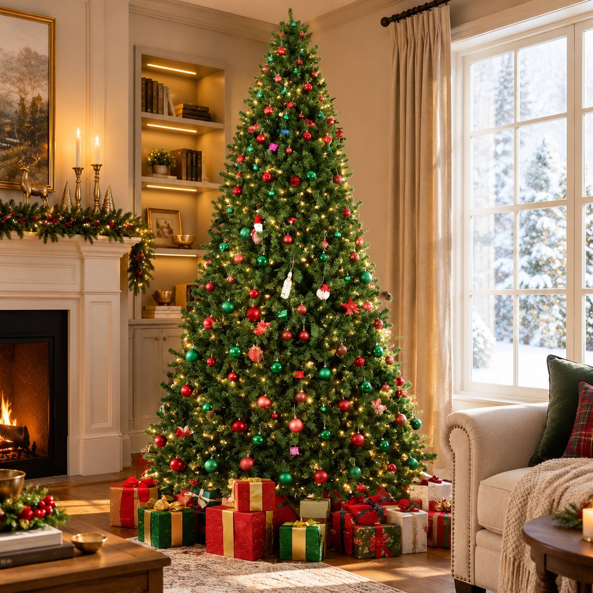 Angle. RYHNUYNE - 12FT Unlit Artificial Christmas Tree With Dense Realistic Spruce Branches and Metal Base, Green - Green.