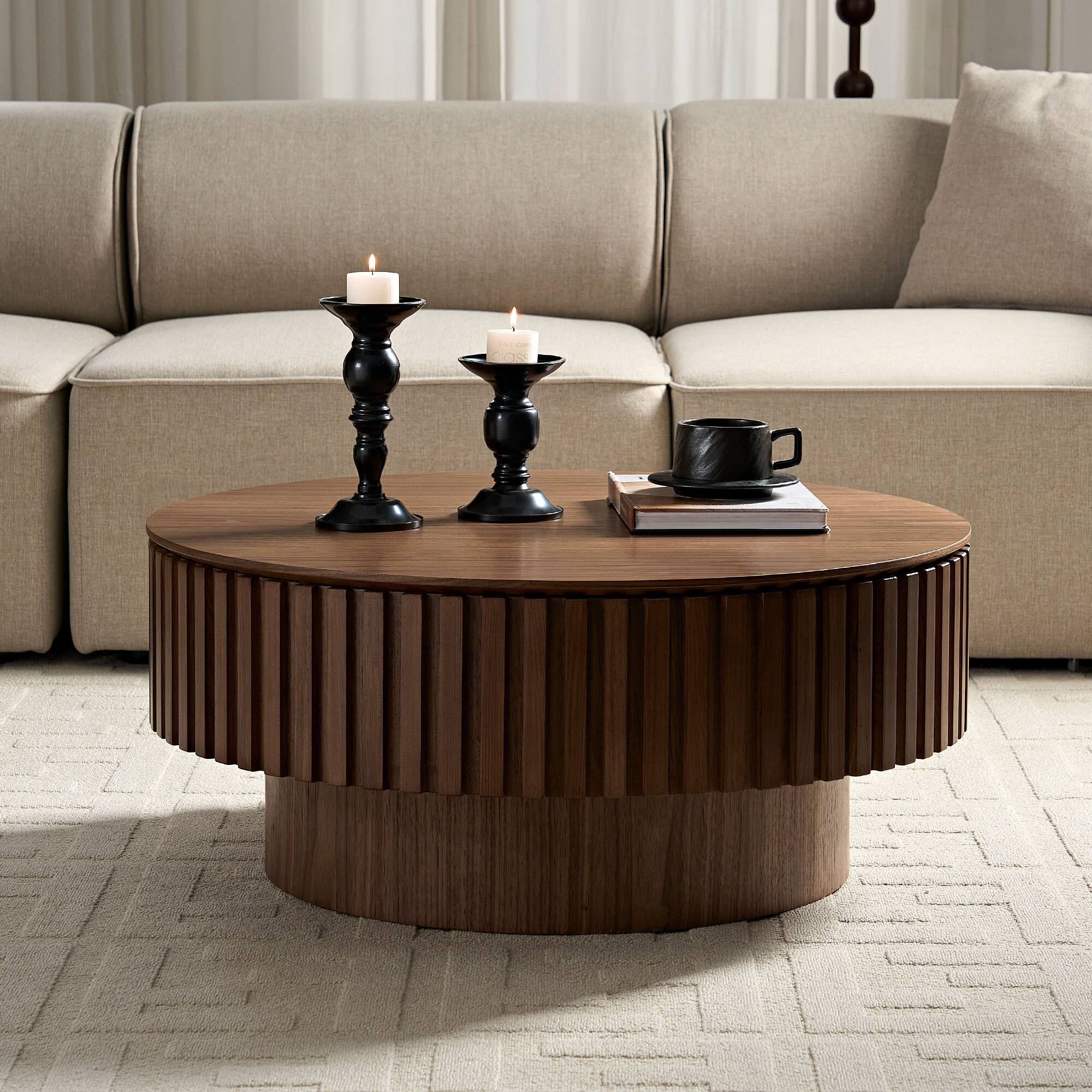 Alt View 6. TinyHomie - 31 Inch Round Coffee Table With Storage Sturdy Pedestal Walnut For Apartment - Brown.